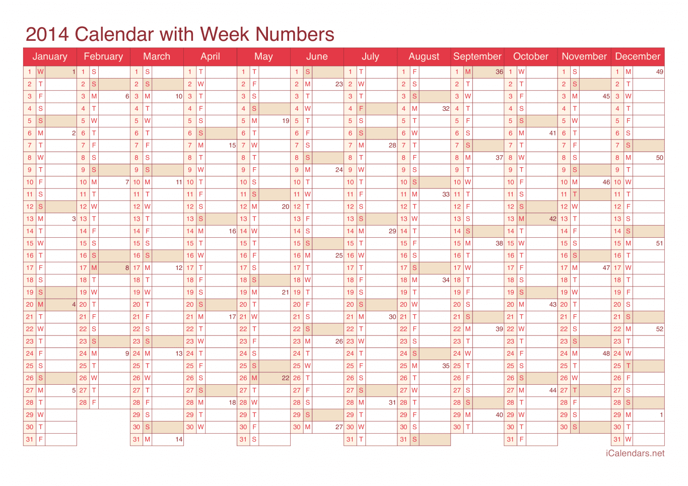 2014 Calendar with week numbers - Cherry