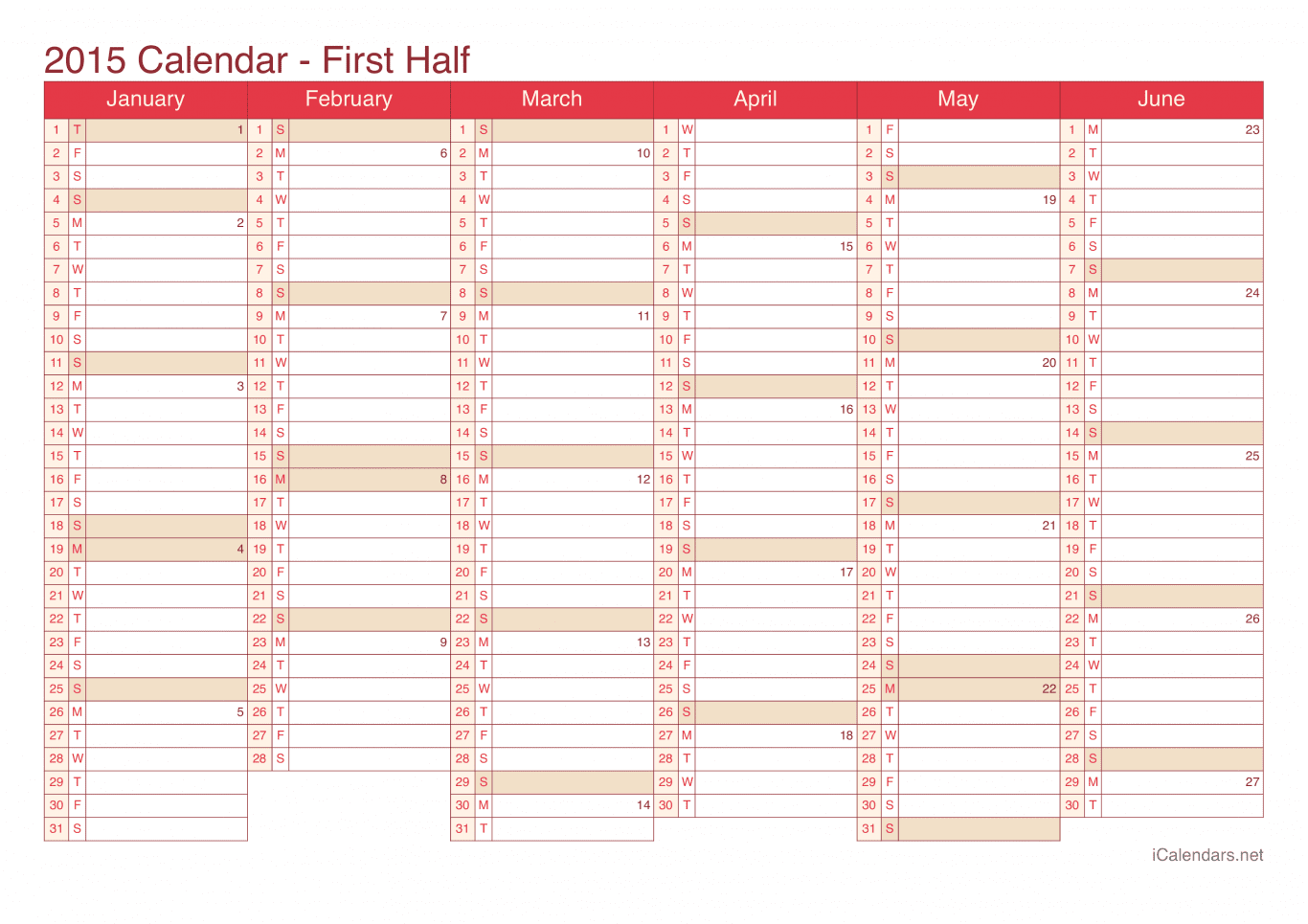 2015 Half year calendar with week numbers - Cherry