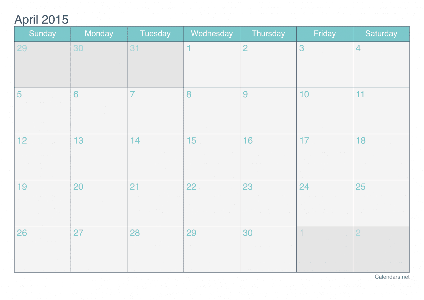 2015 April Calendar - Turquoise