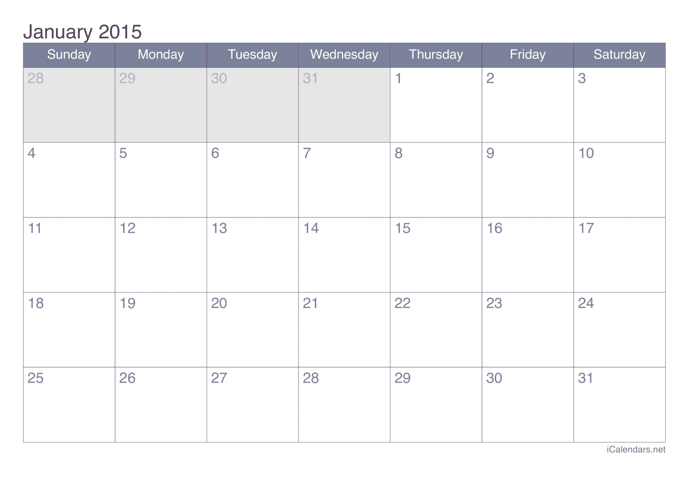 2015 January Calendar - Office