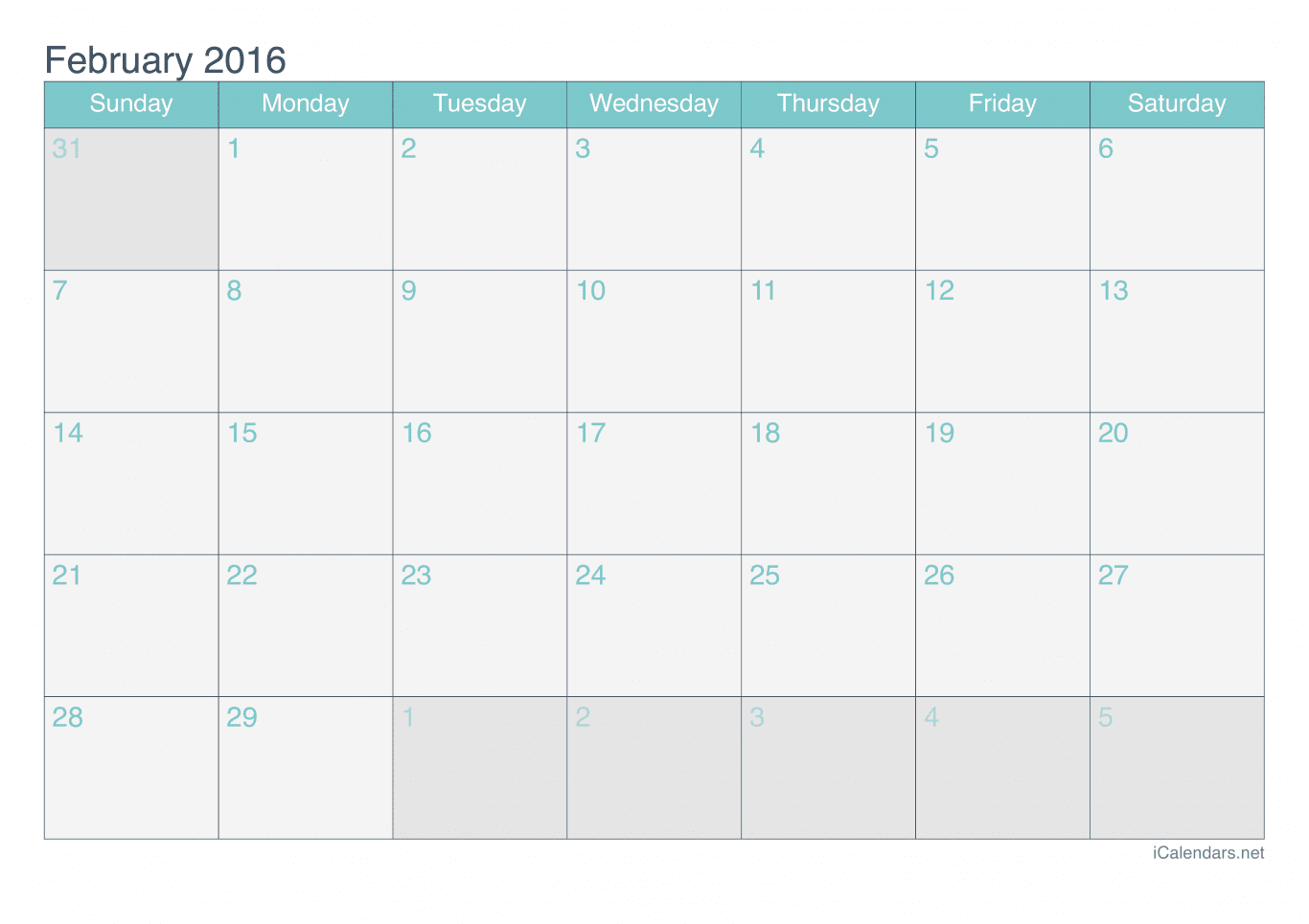 2016 February Calendar - Turquoise
