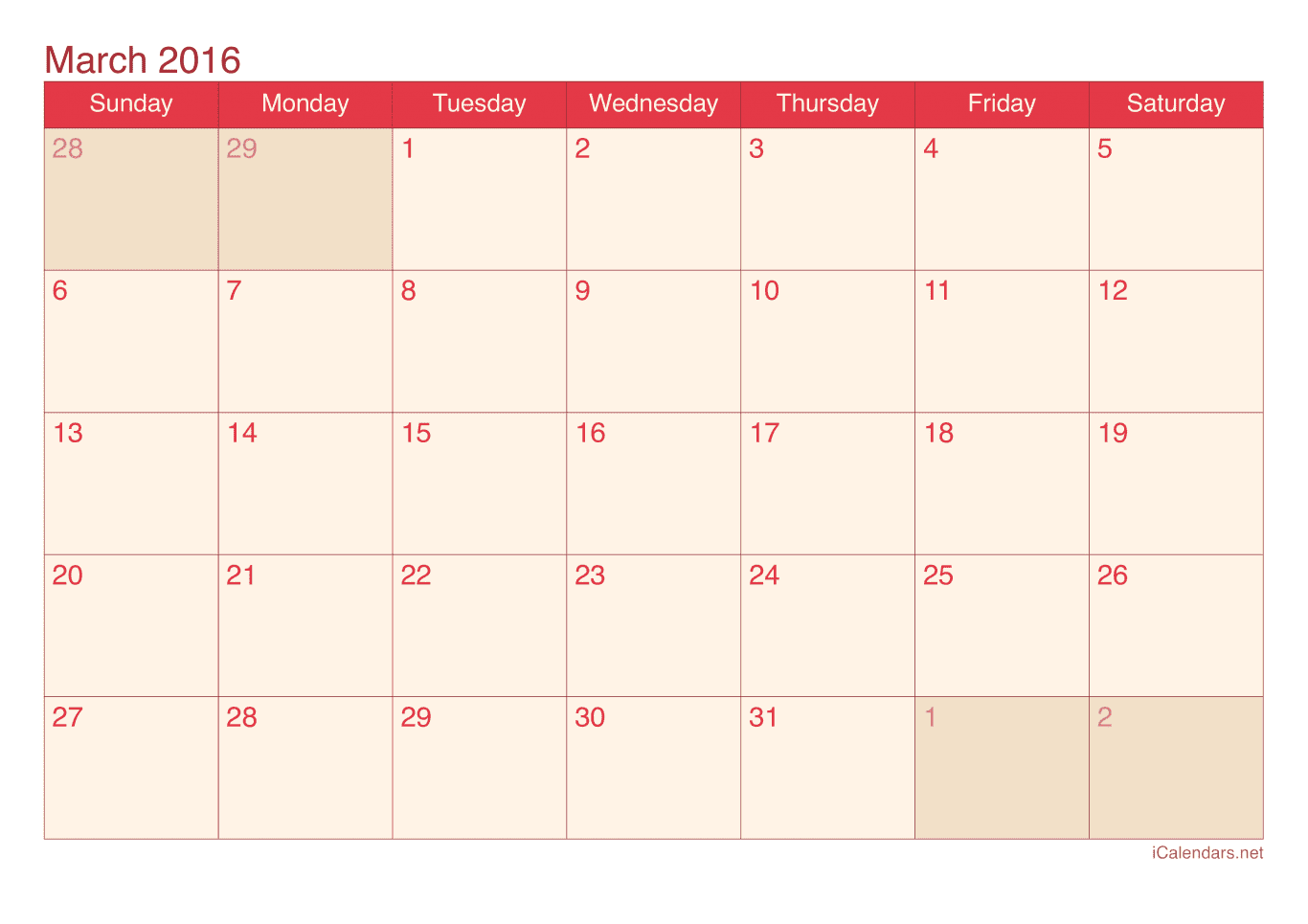 2016 March Calendar - Cherry