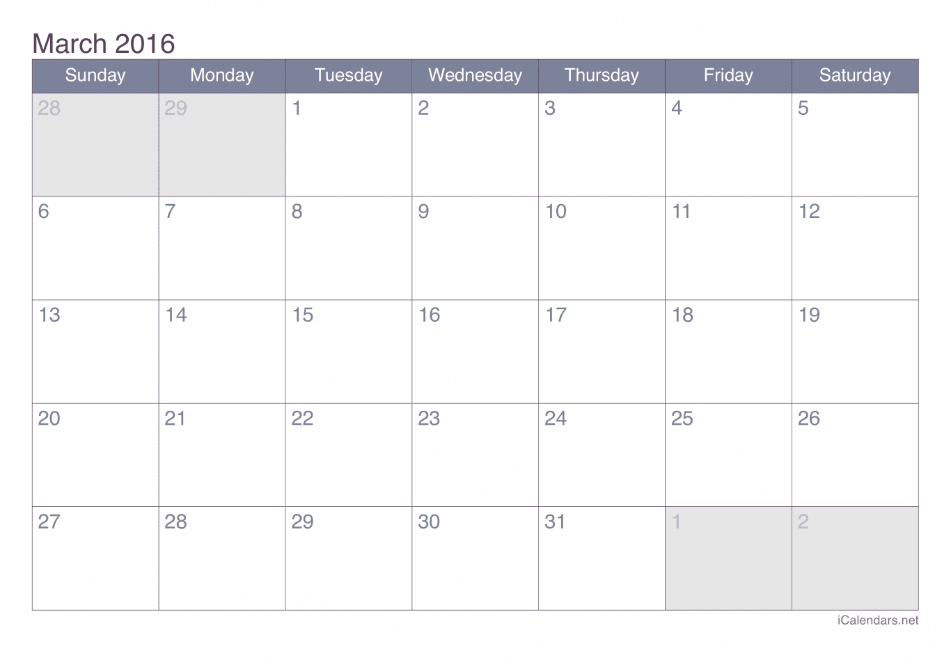 2016 March Calendar - Office