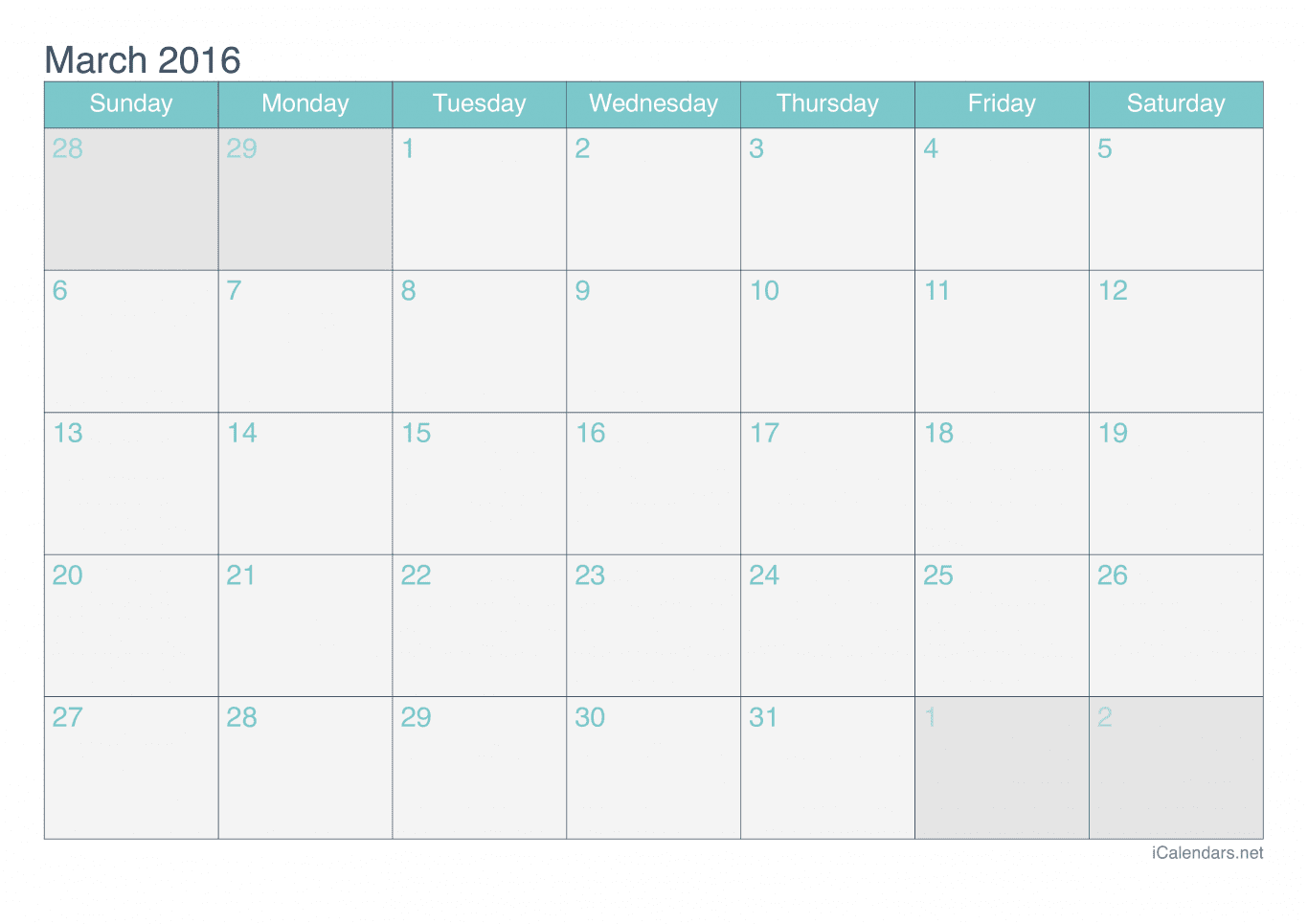 2016 March Calendar - Turquoise