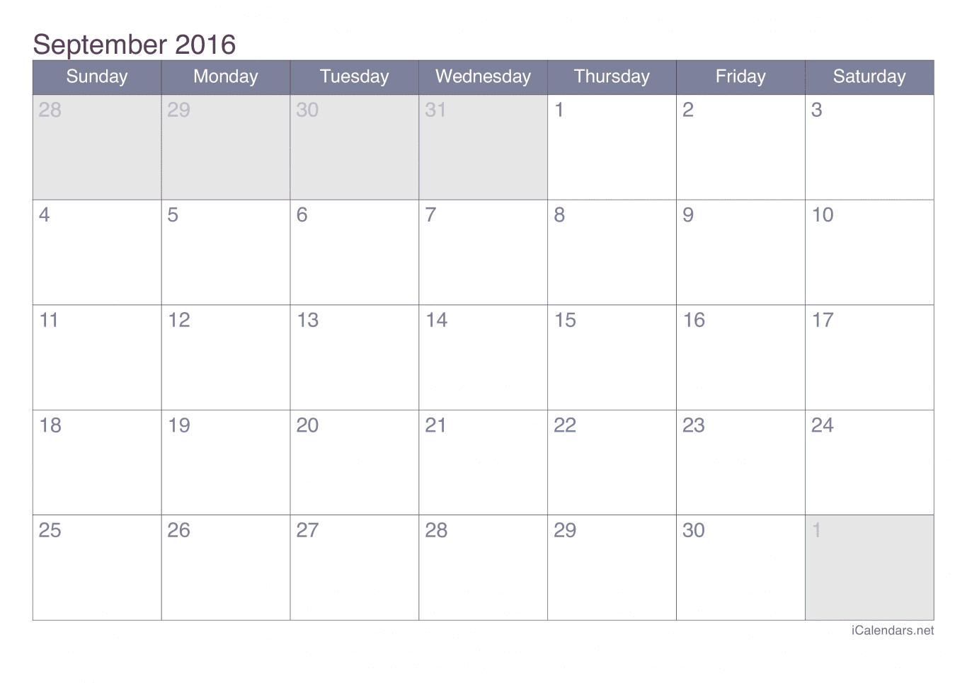 2016 September Calendar - Office