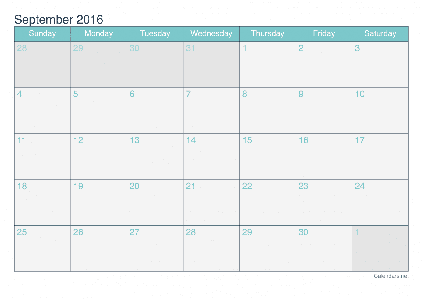 2016 September Calendar - Turquoise