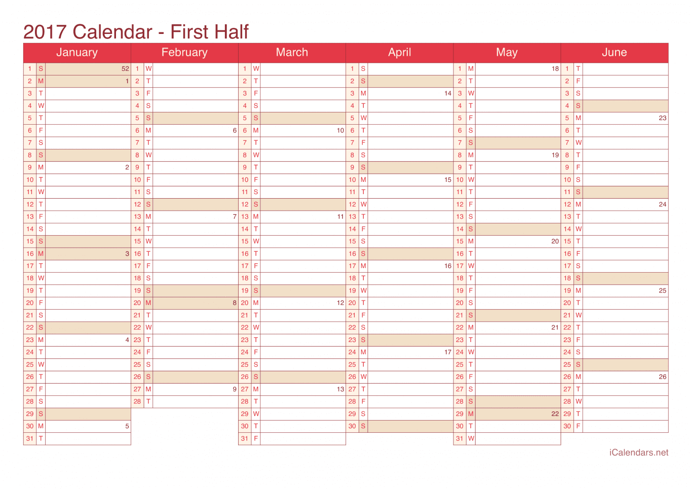 2017 Half year calendar with week numbers - Cherry