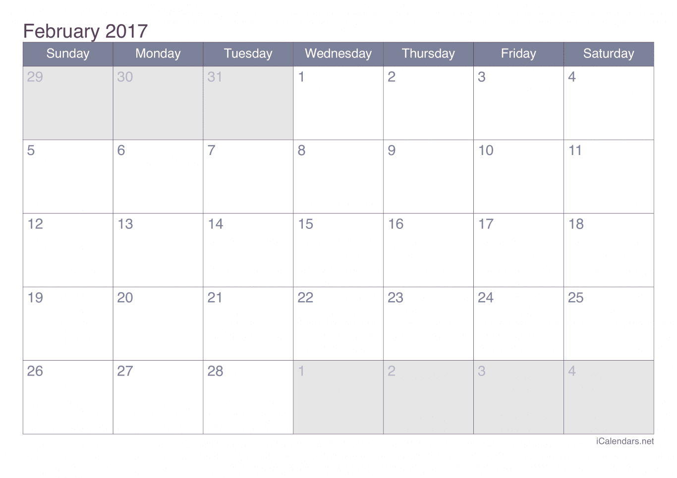 2017 February Calendar - Office