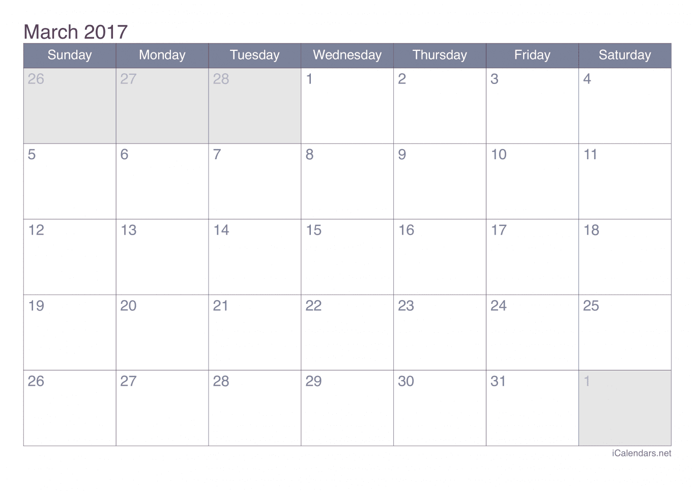 2017 March Calendar - Office