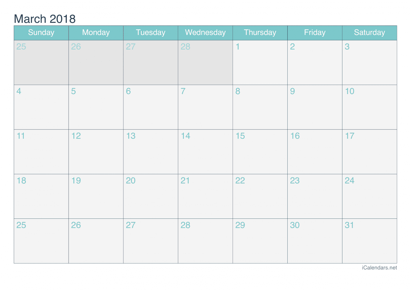 2018 March Calendar - Turquoise