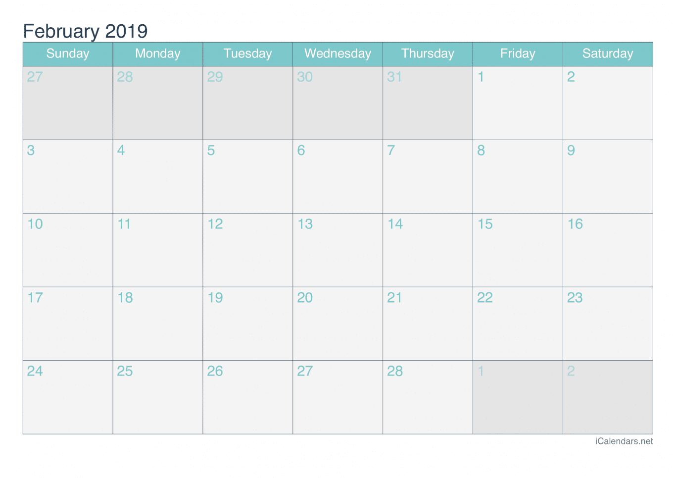2019 February Calendar - Turquoise