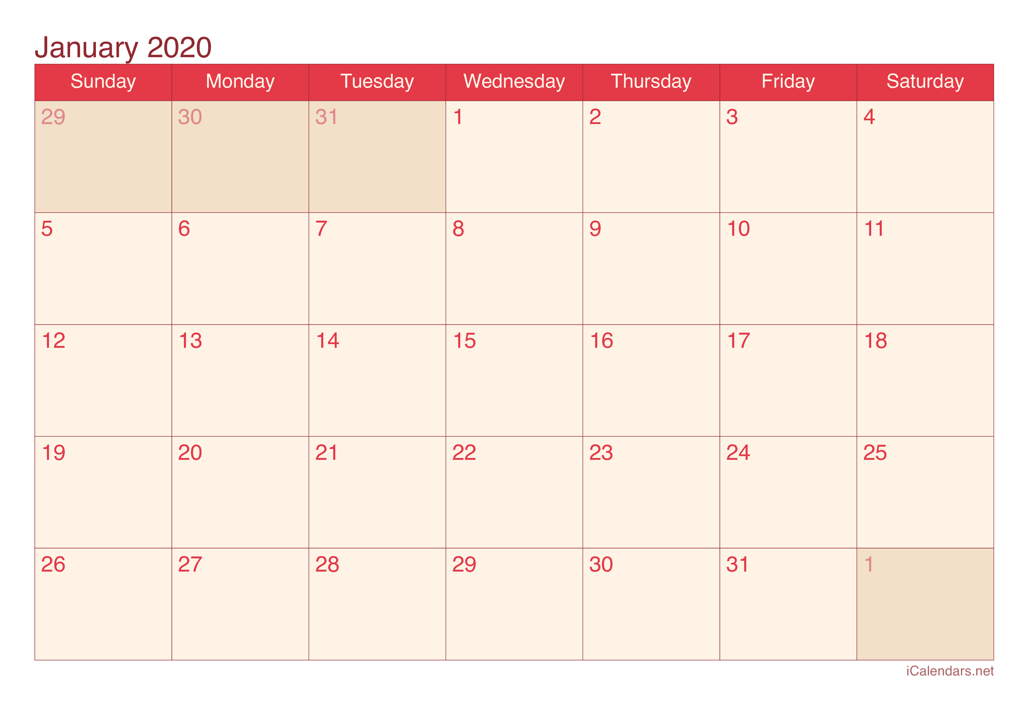 2020 Monthly Calendar - Cherry
