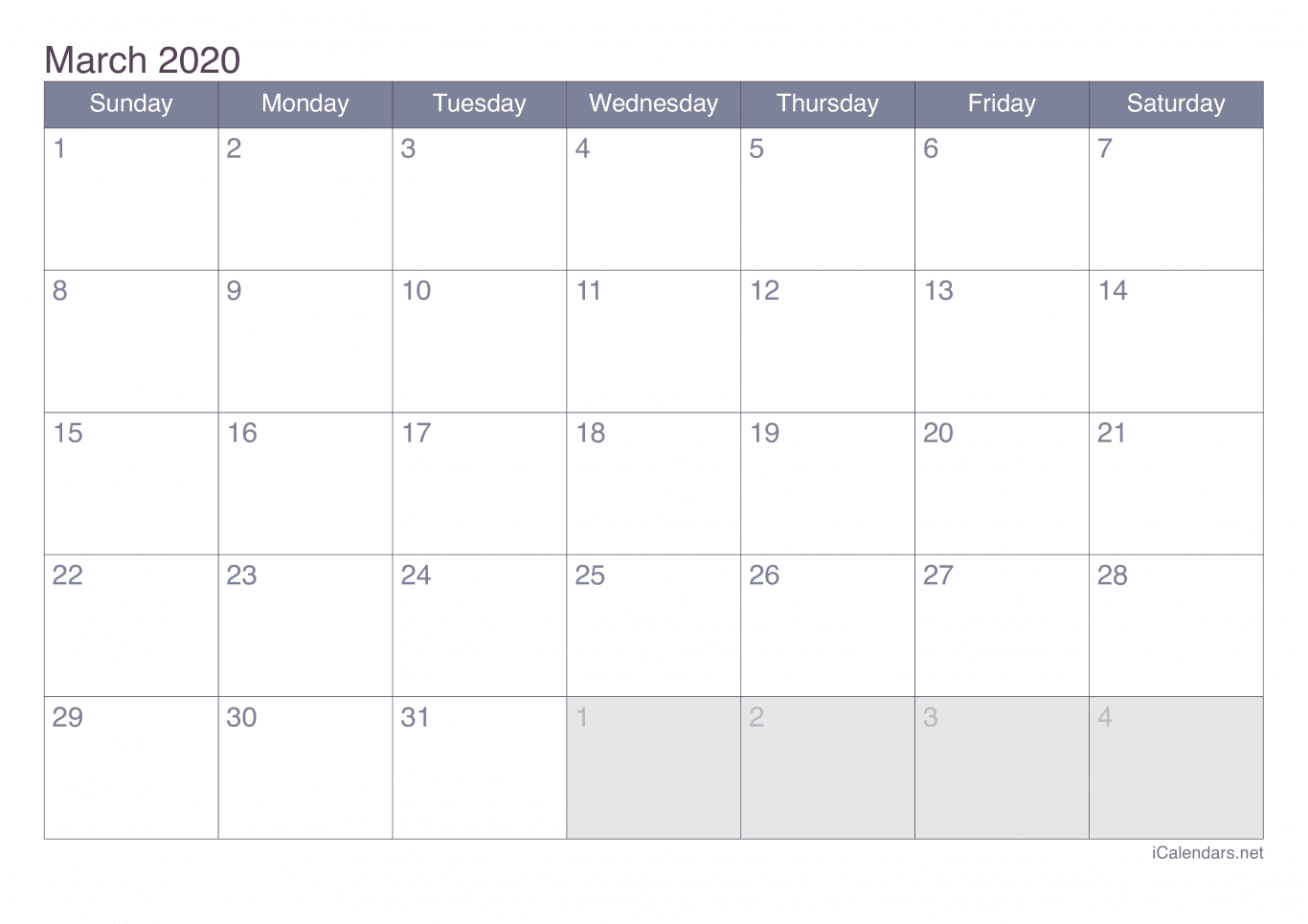 2020 March Calendar - Office