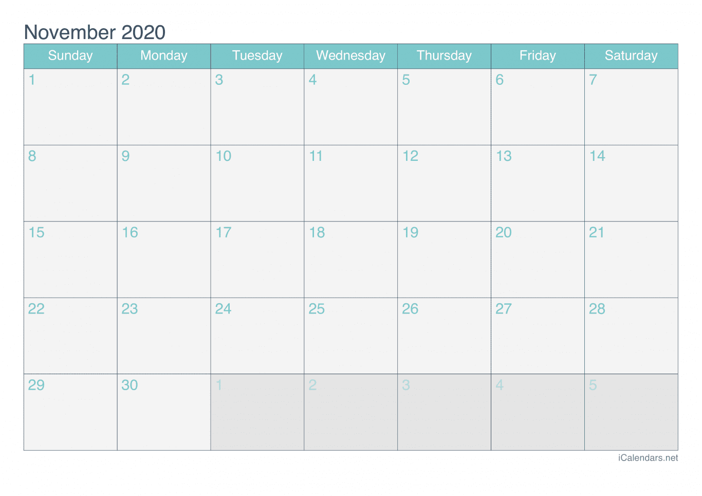2020 November Calendar - Turquoise