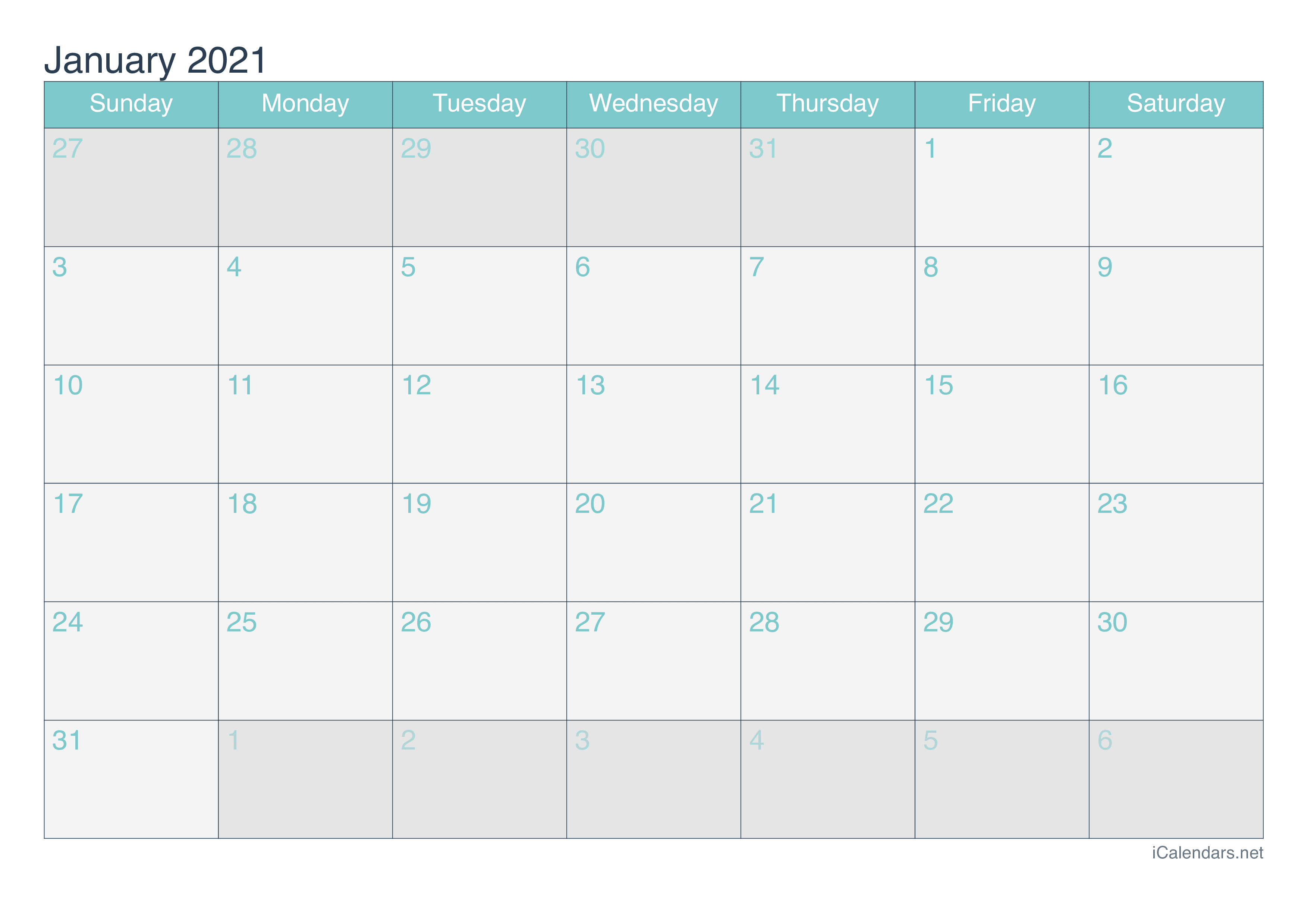 2021 Monthly Calendar - Turquoise