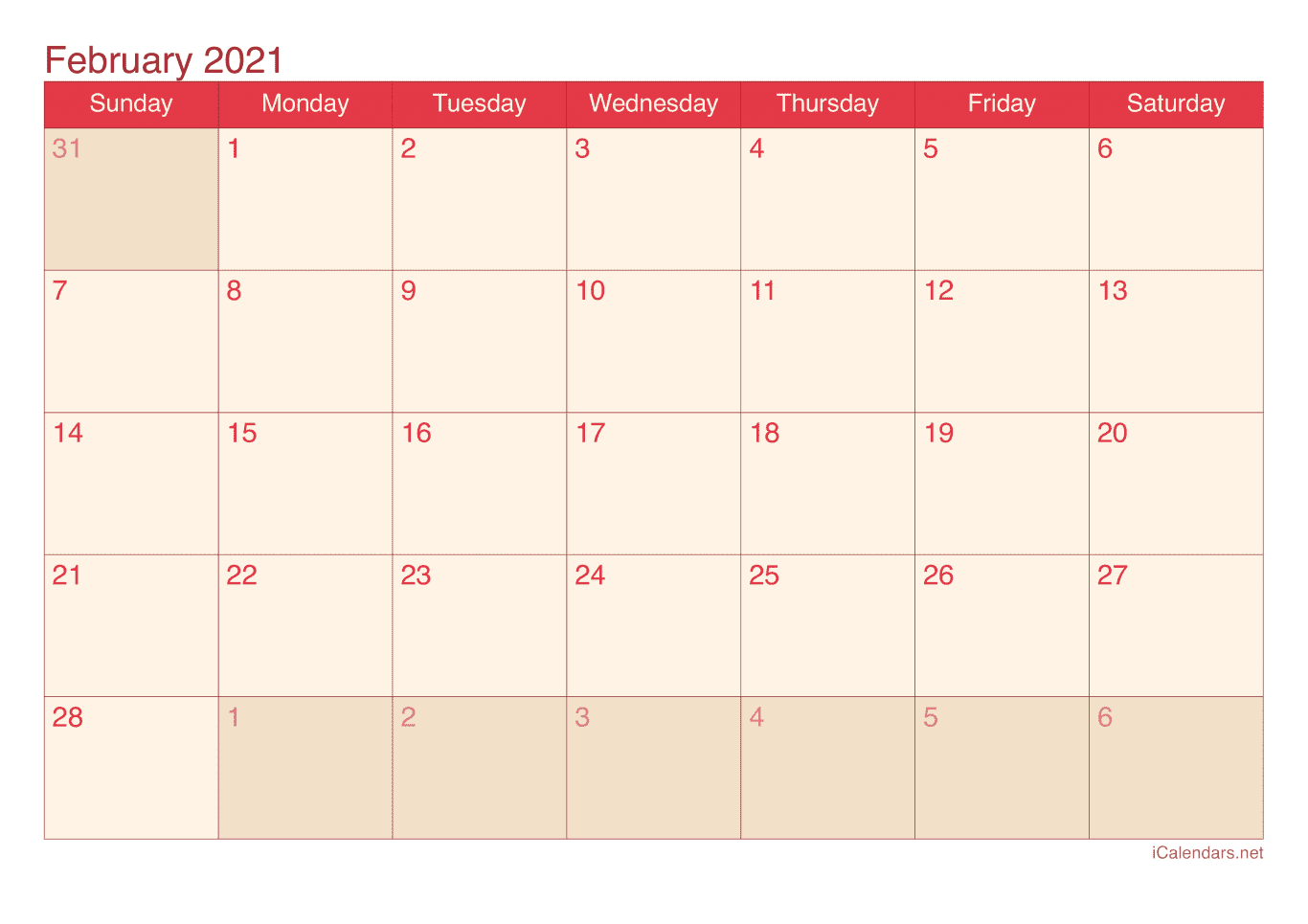 2021 February Calendar - Cherry