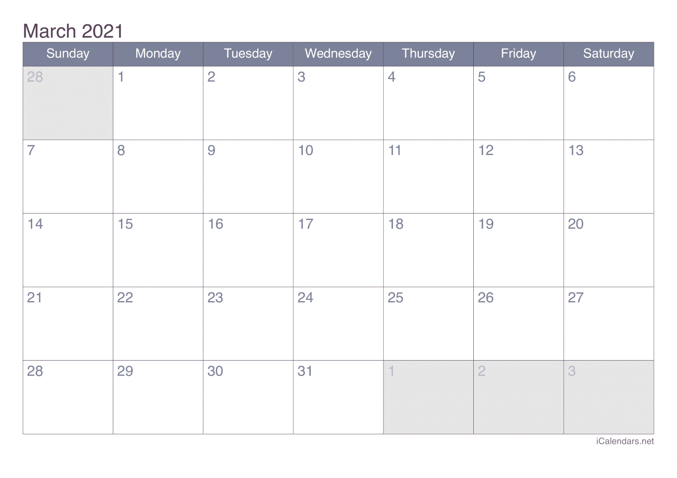 2021 March Calendar - Office