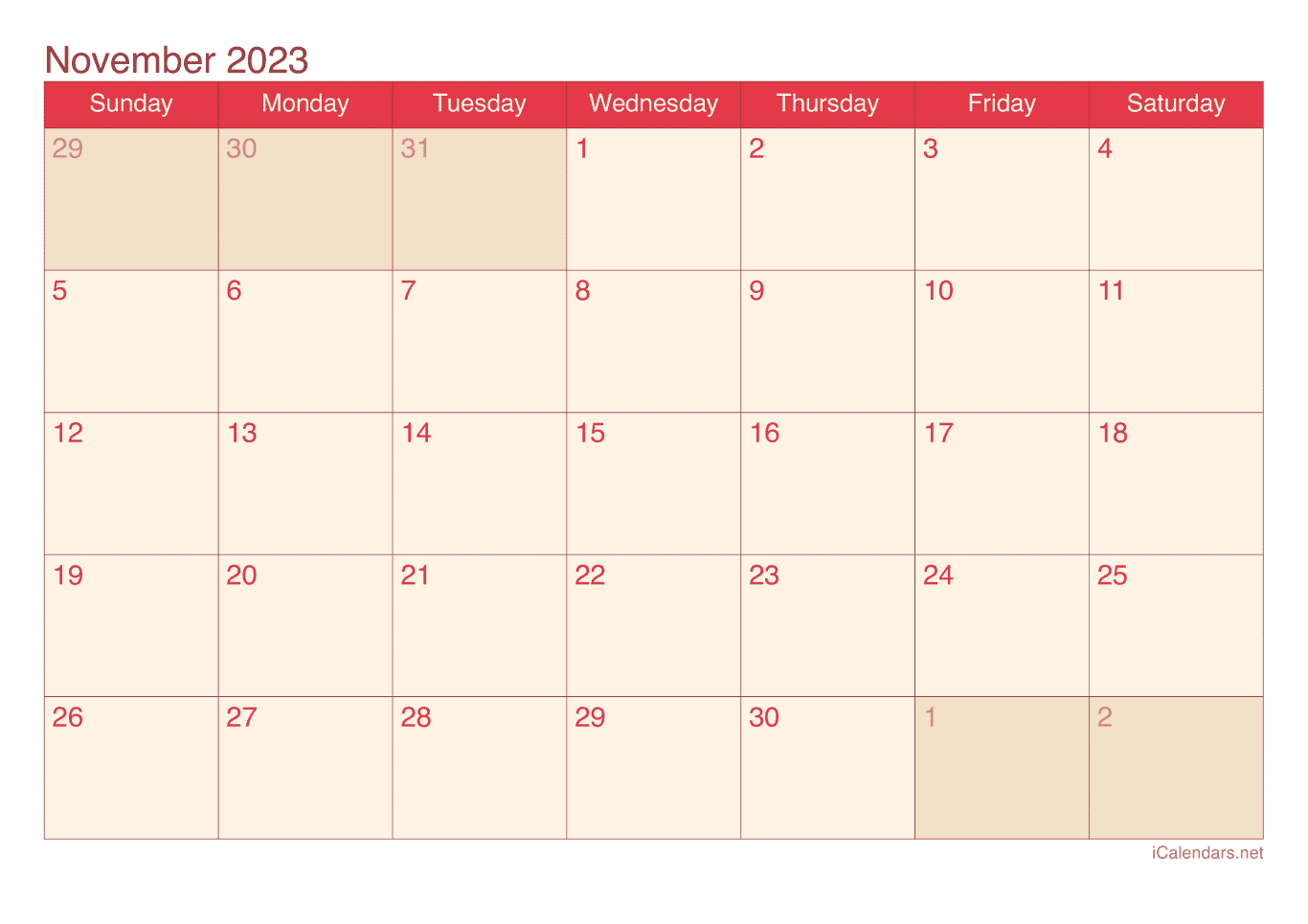 2023 November Calendar - Cherry