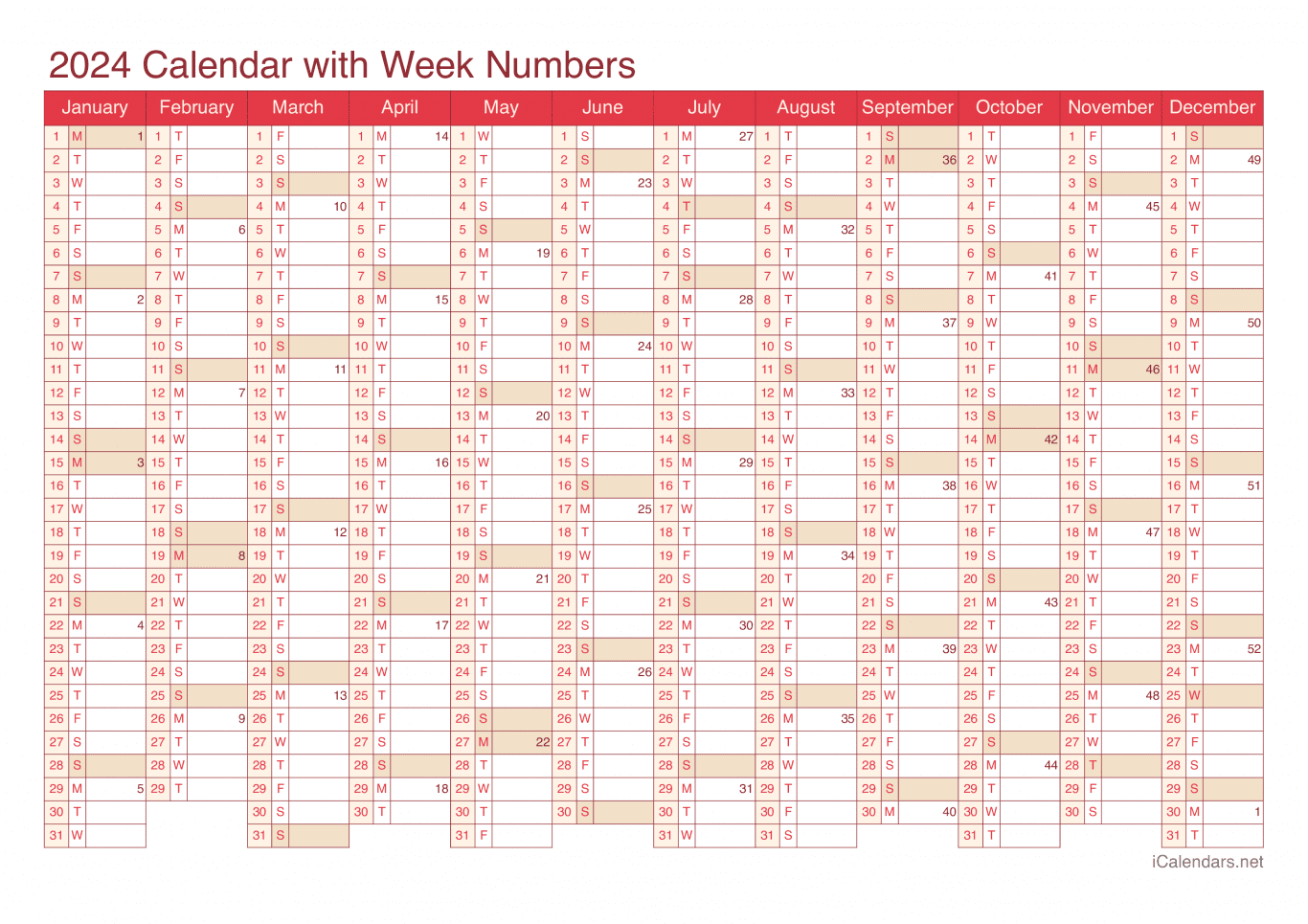 2024 Calendar with week numbers - Cherry