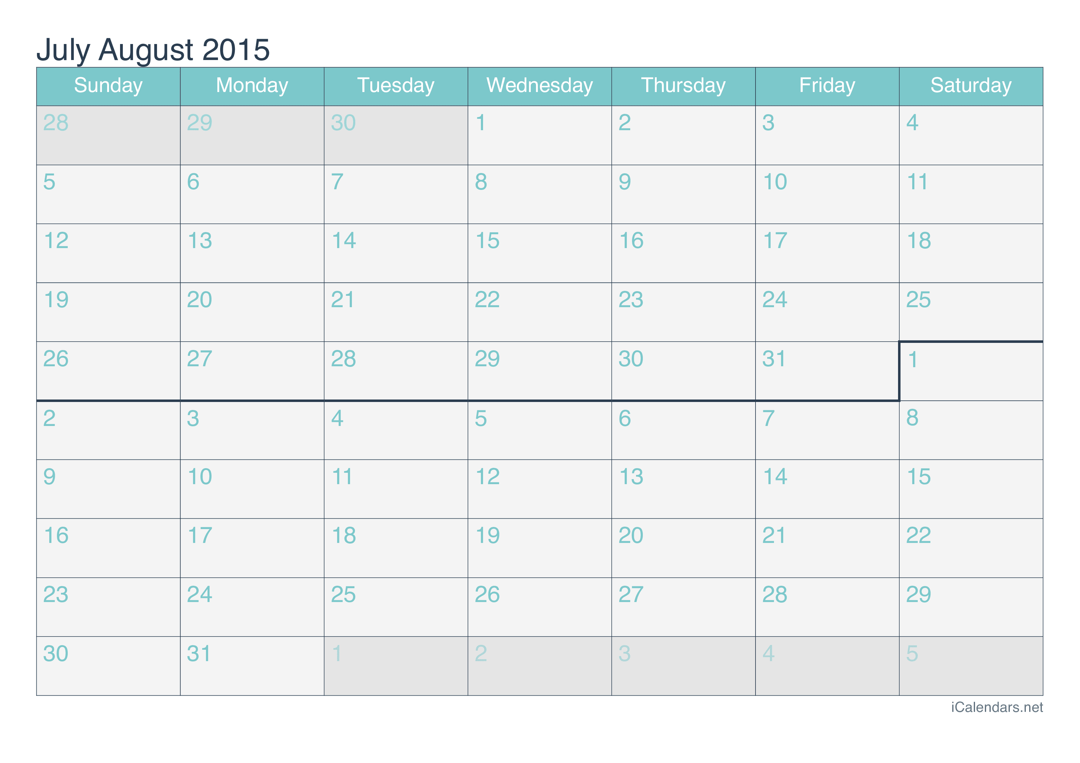 July And August 2015 Printable Calendar Icalendars