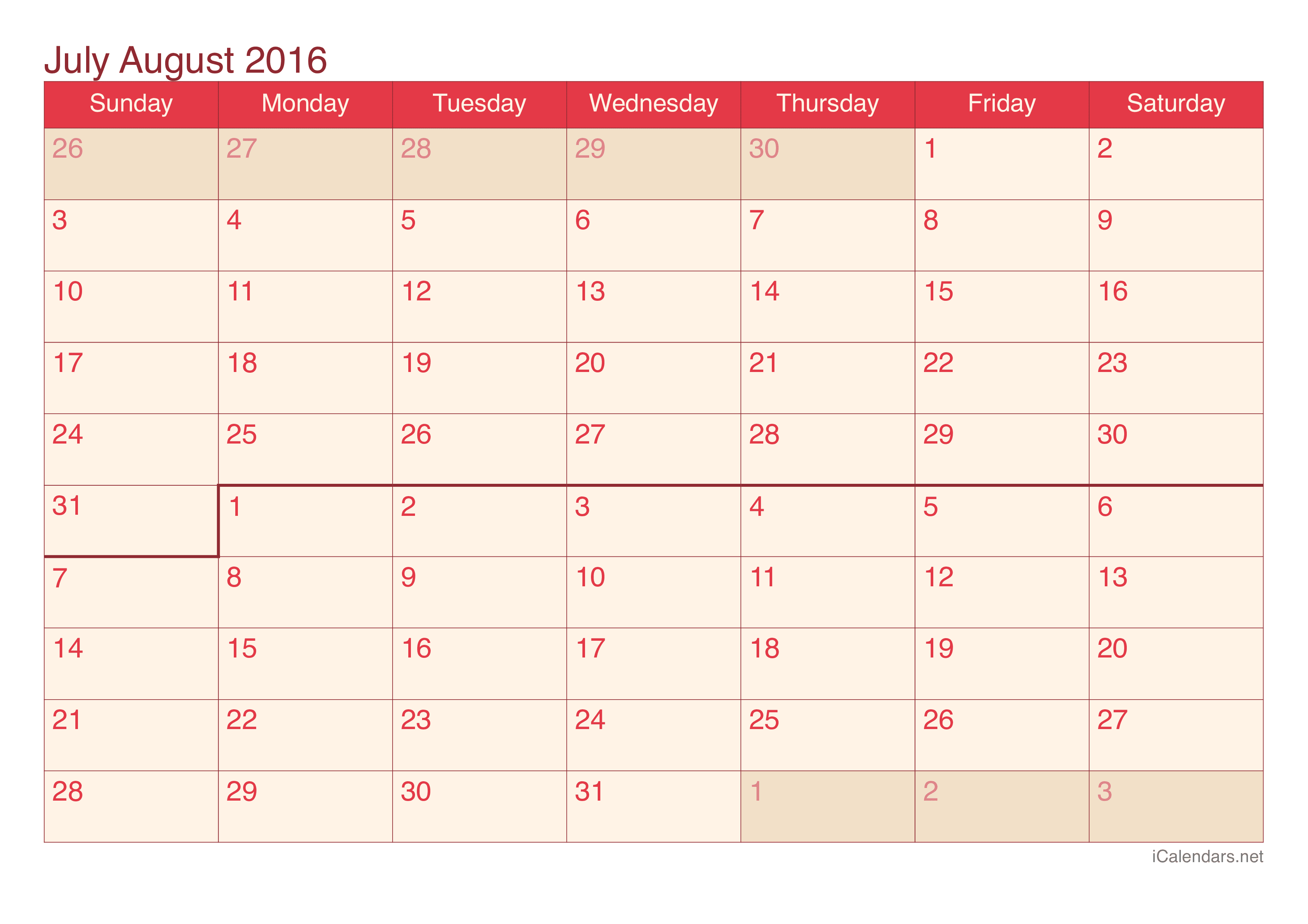 July And August 2016 Printable Calendar Icalendars
