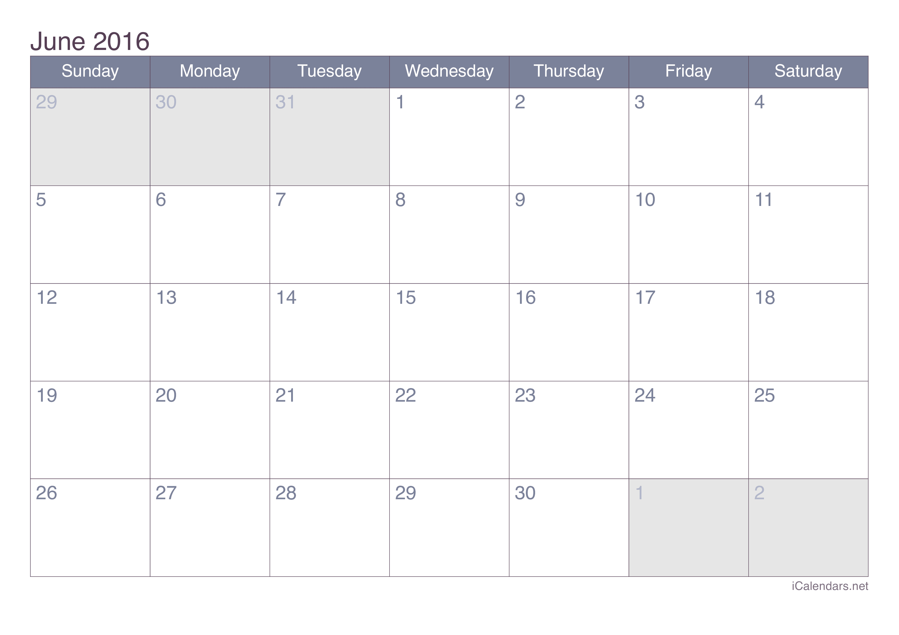 June 2016 Printable Calendar icalendars net