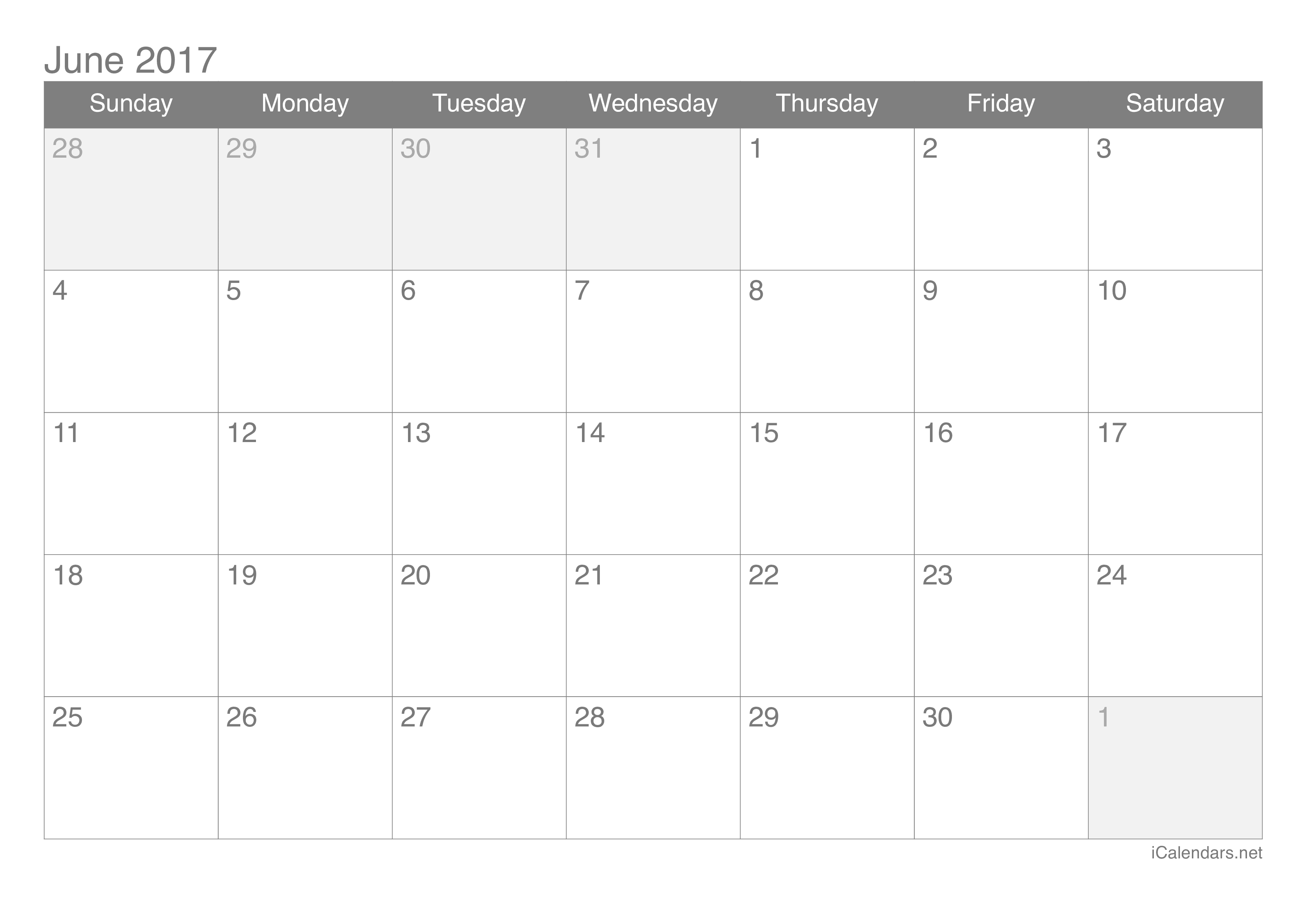 June 2017 Printable Calendar icalendars net