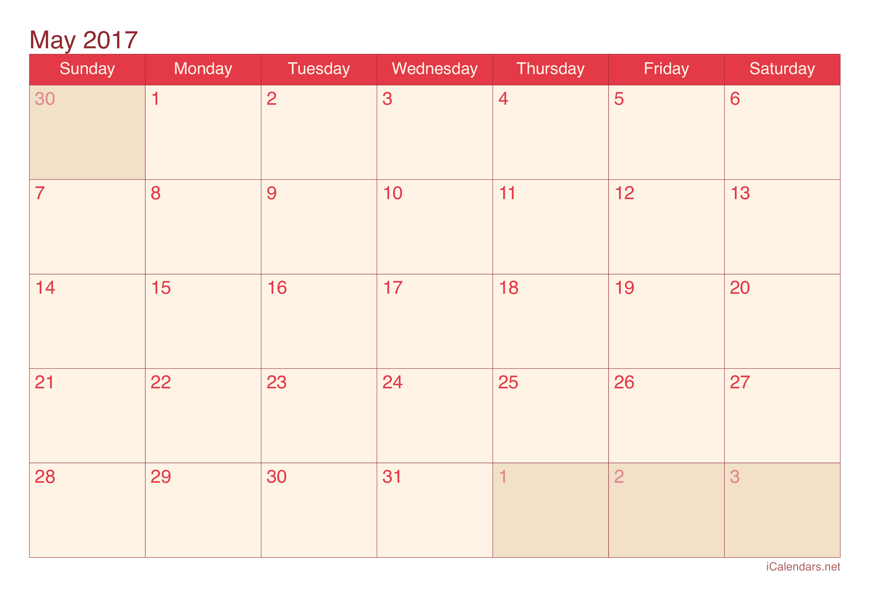 May 2017 Printable Calendar - icalendars.net