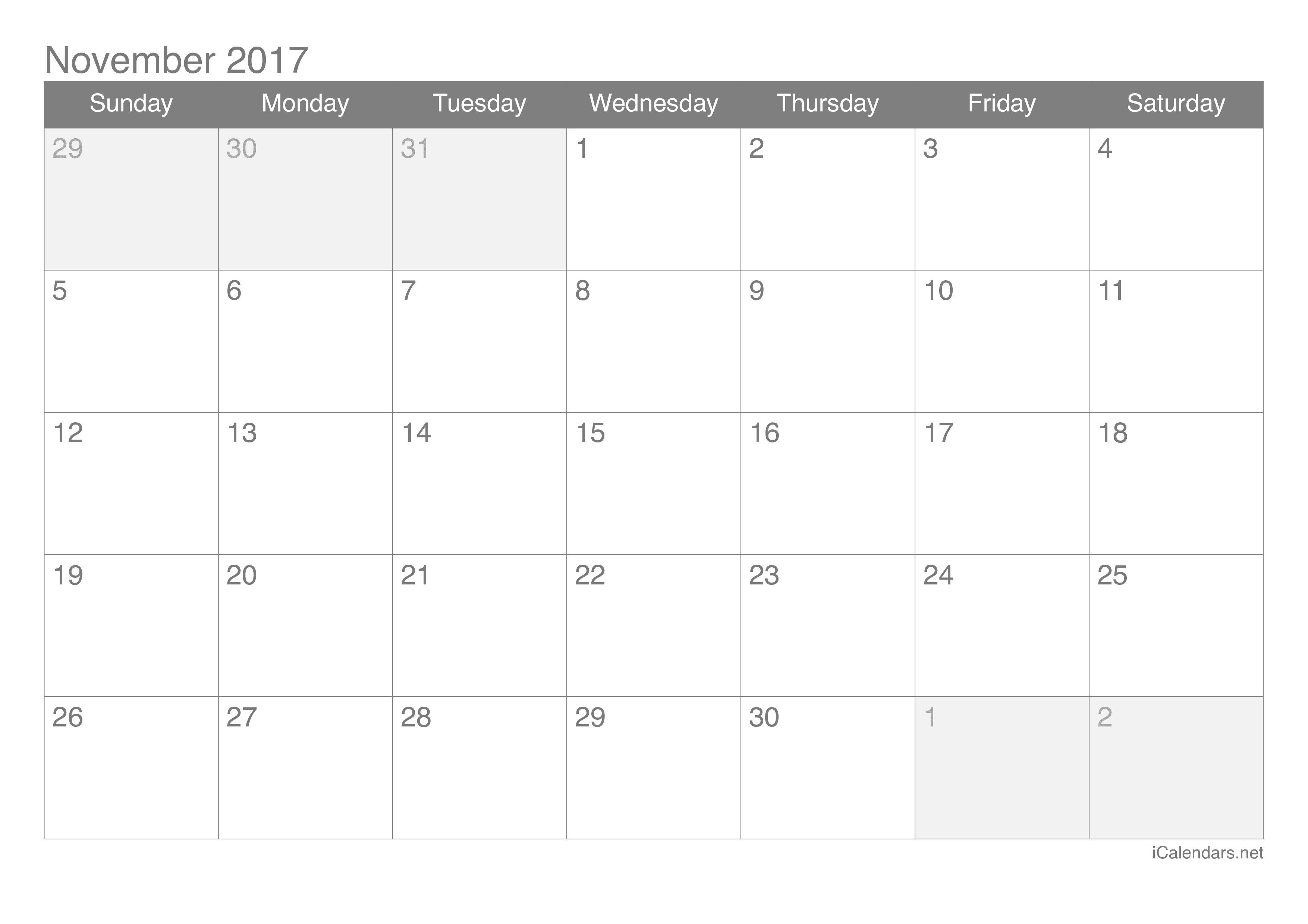 November 2017 Printable Calendar icalendars net