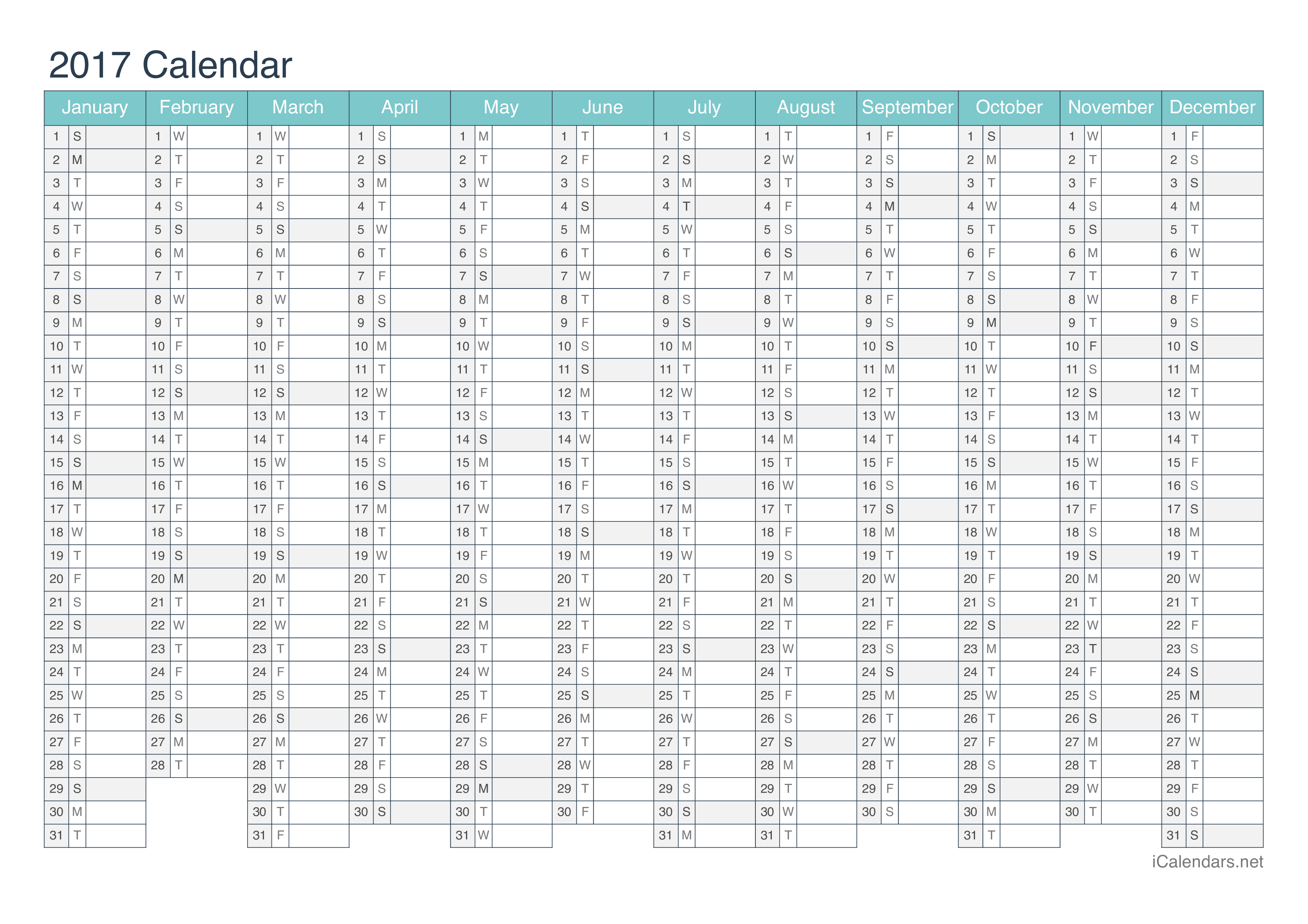 2017 Printable Calendar - PDF or Excel - icalendars.net