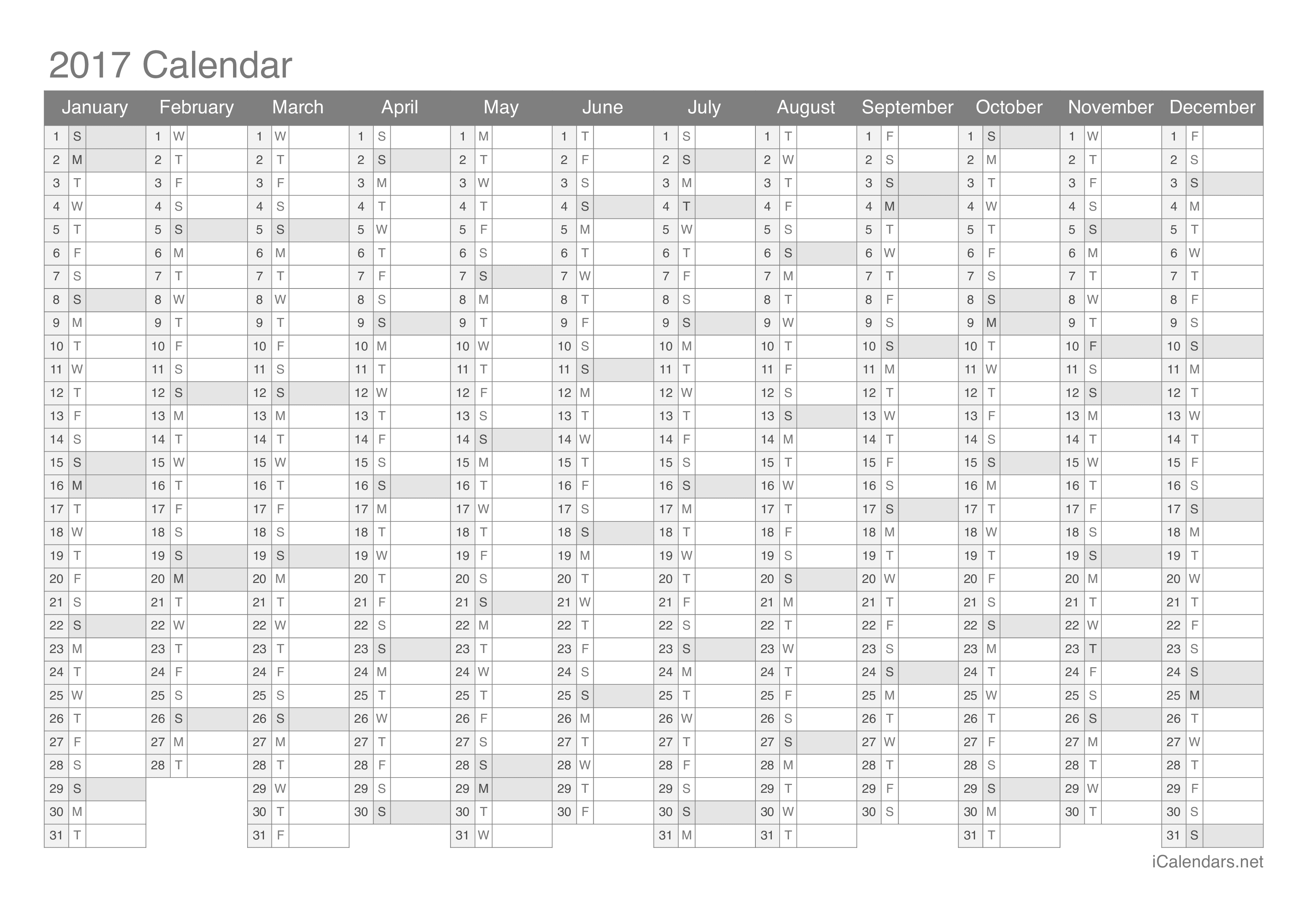 2017 Printable Calendar Pdf Or Excel