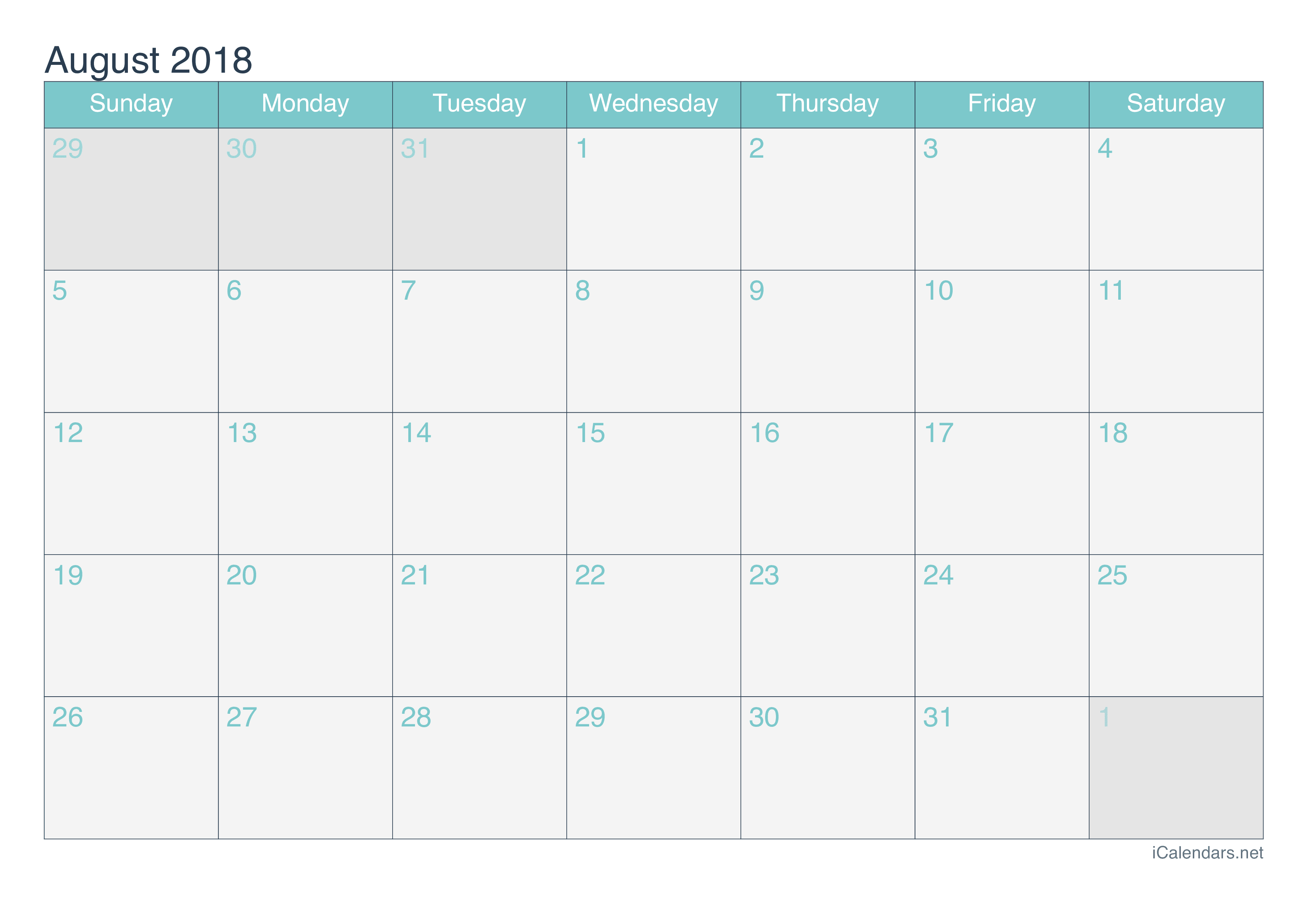 August 2018 Calendar Holidays Printable