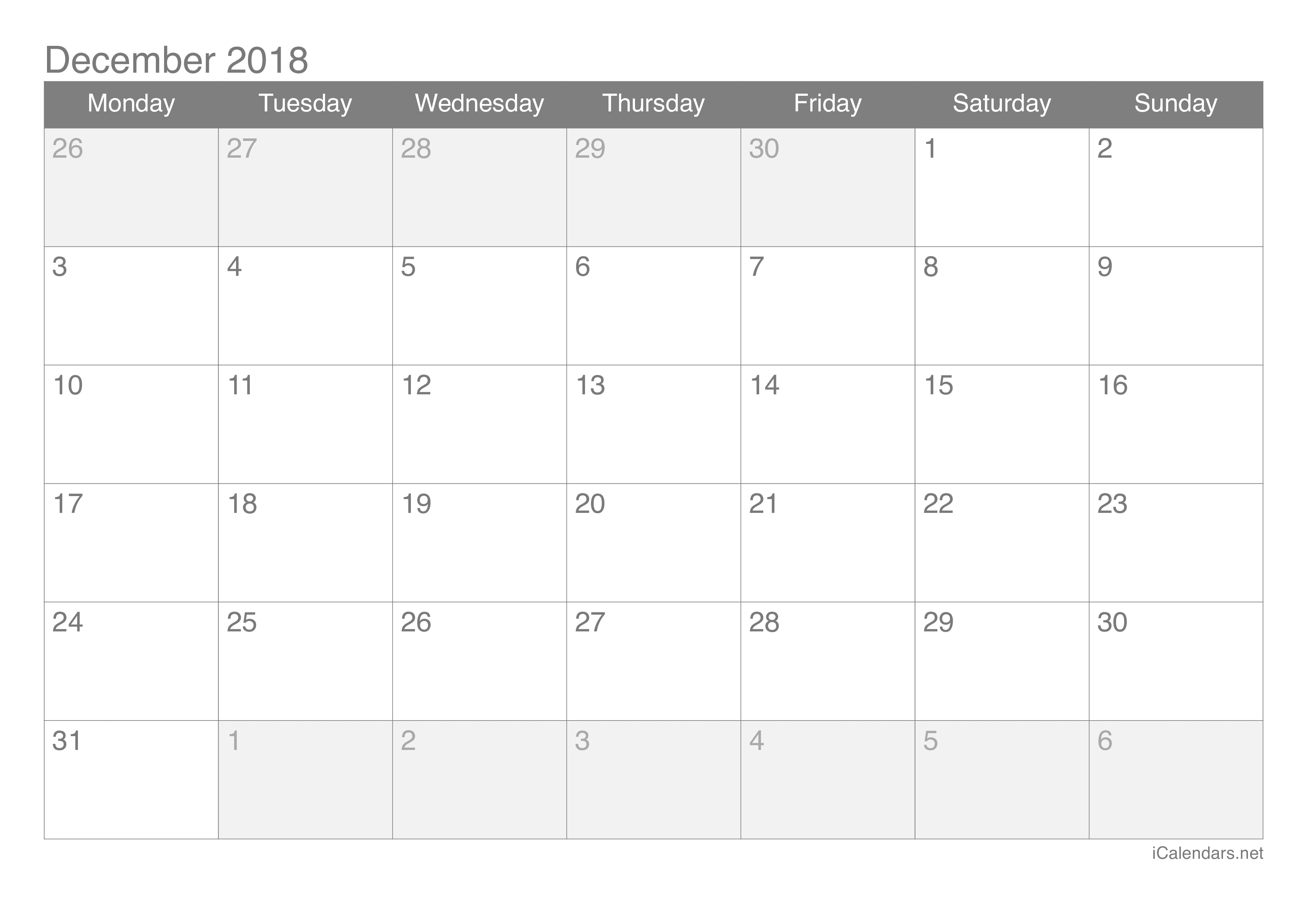 December 2018 Printable Calendar