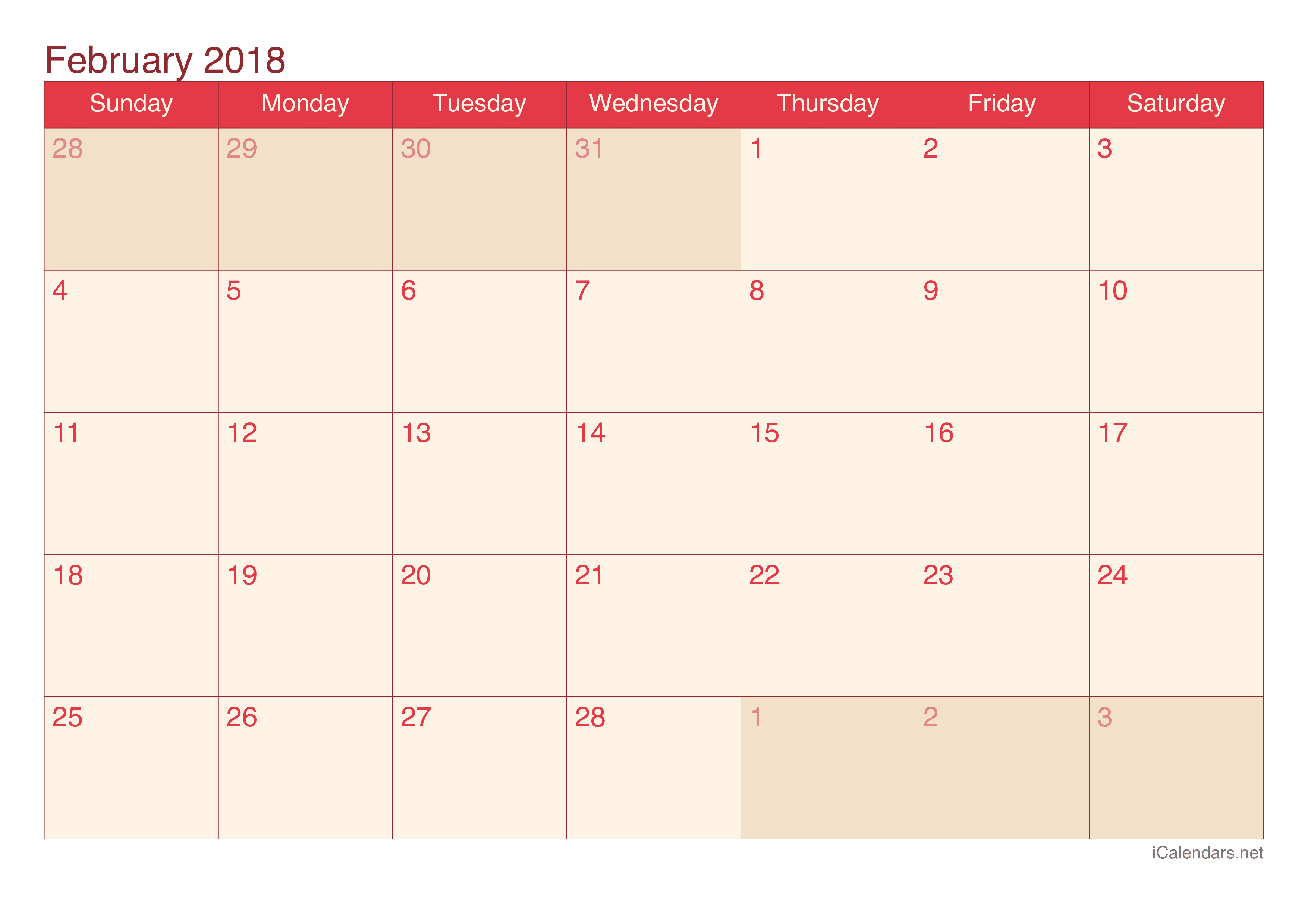 February 2018 Calendar With Notes Printable