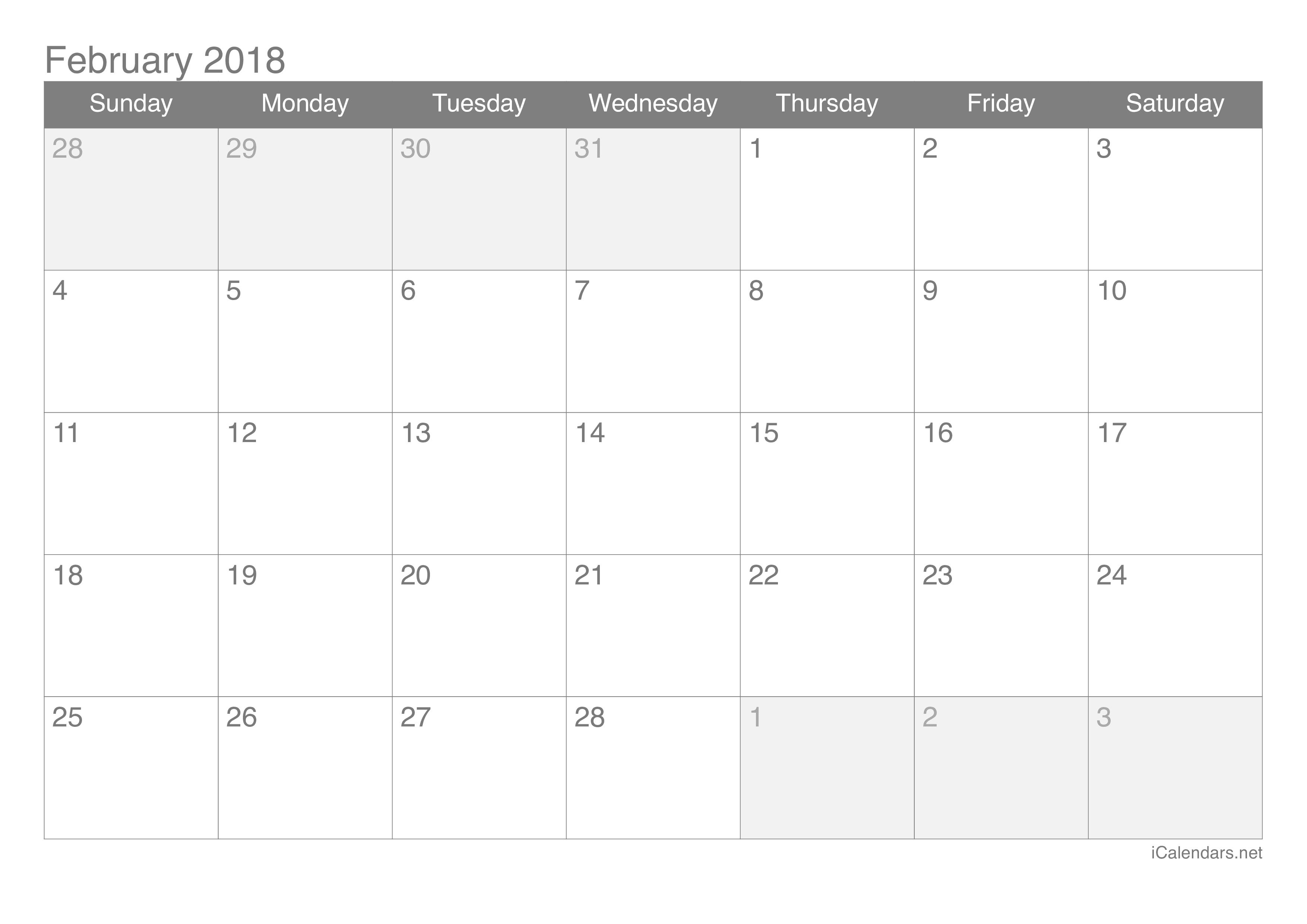 February 2018 Printable Calendar icalendars net