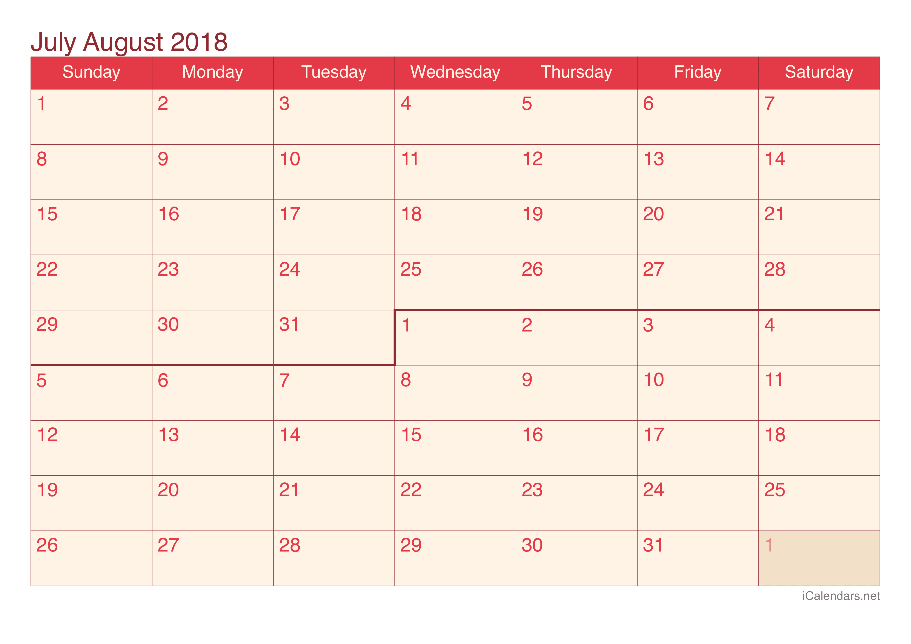 July and August 2018 Printable Calendar