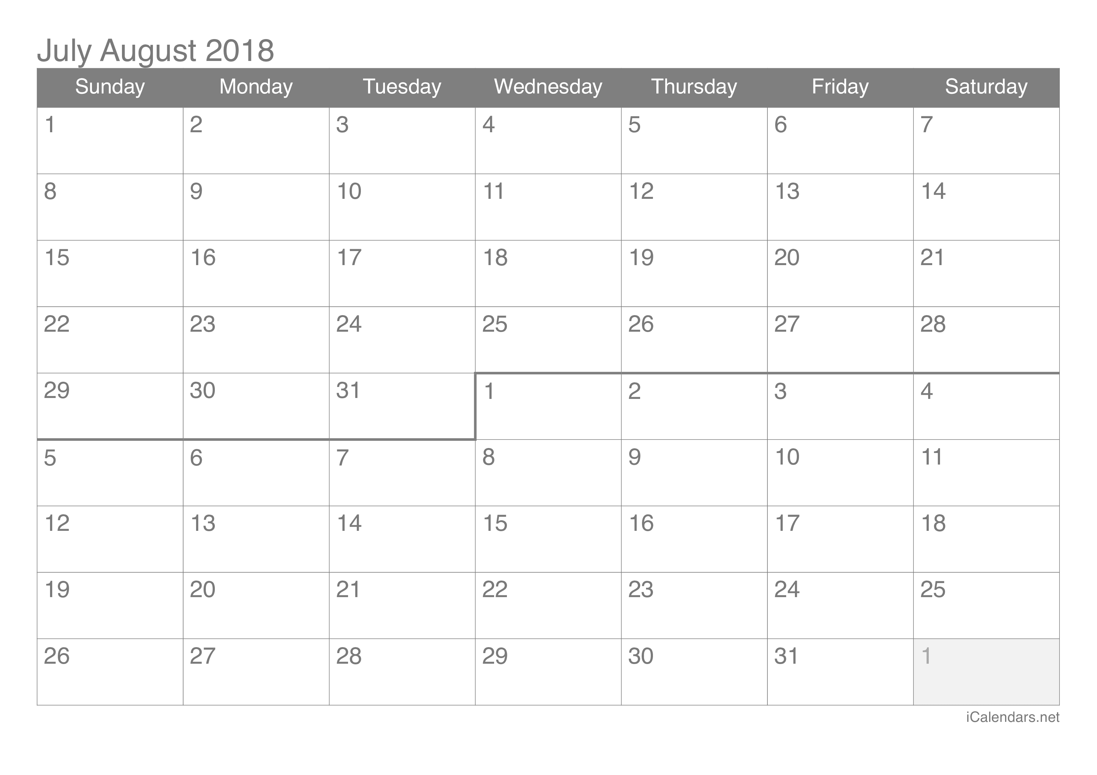 July and August 2018 Printable Calendar - icalendars.net