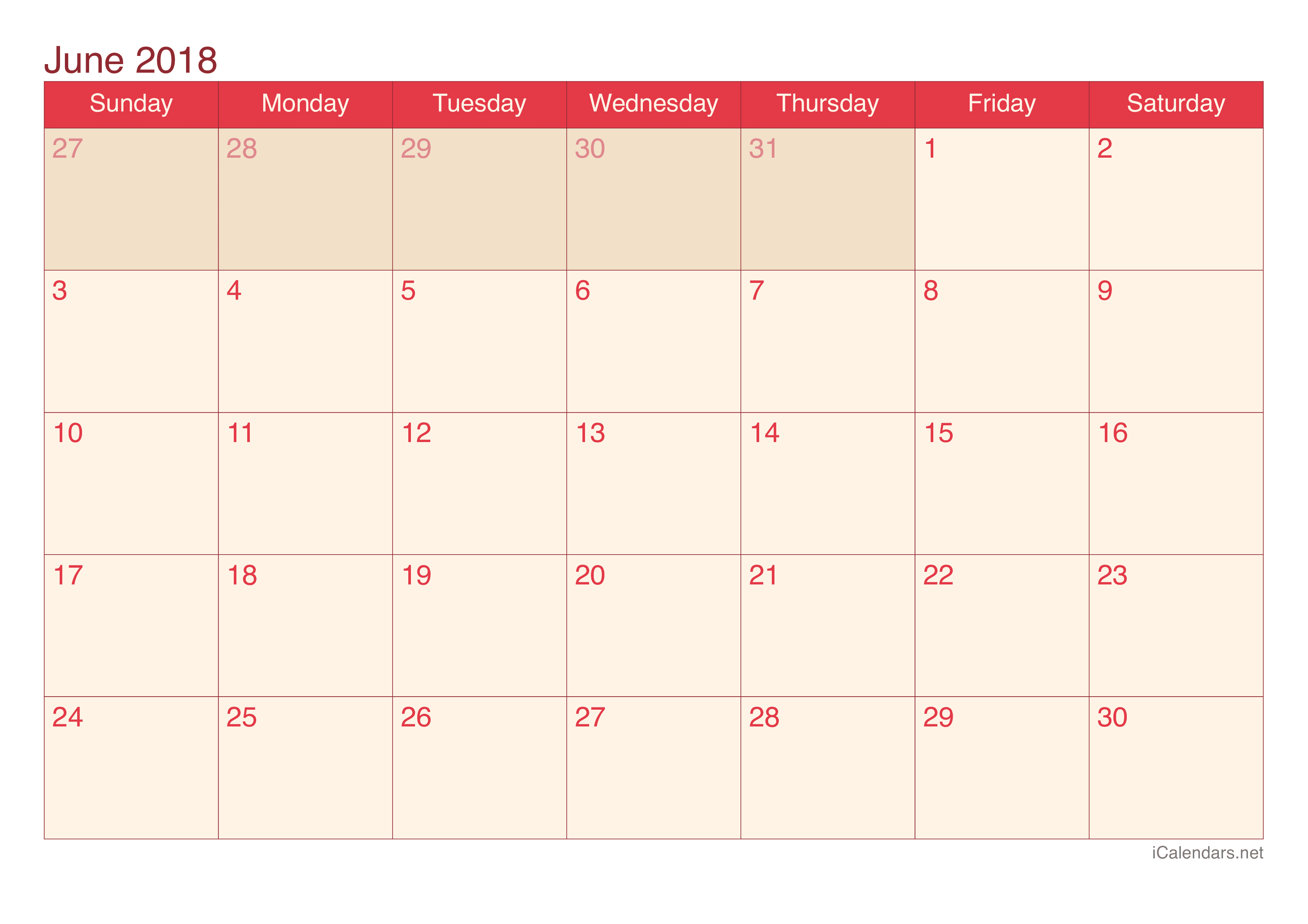 June 2018 Printable Calendar icalendars net