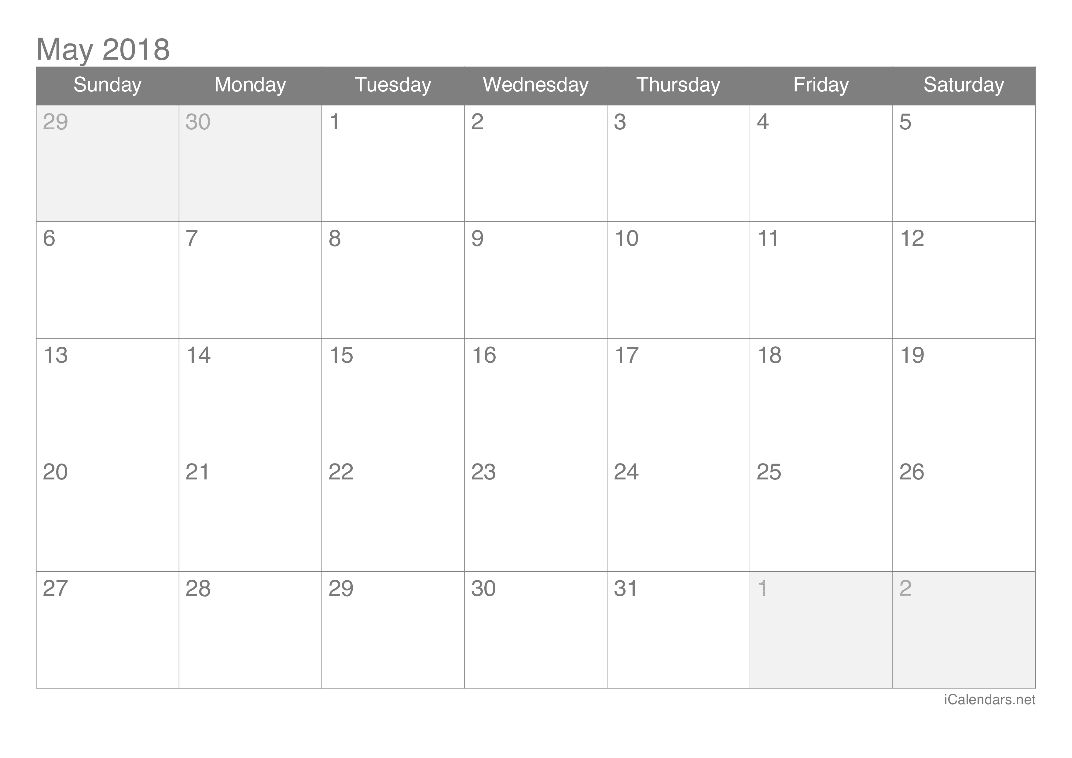 May 2018 Calendar Fillable Printable