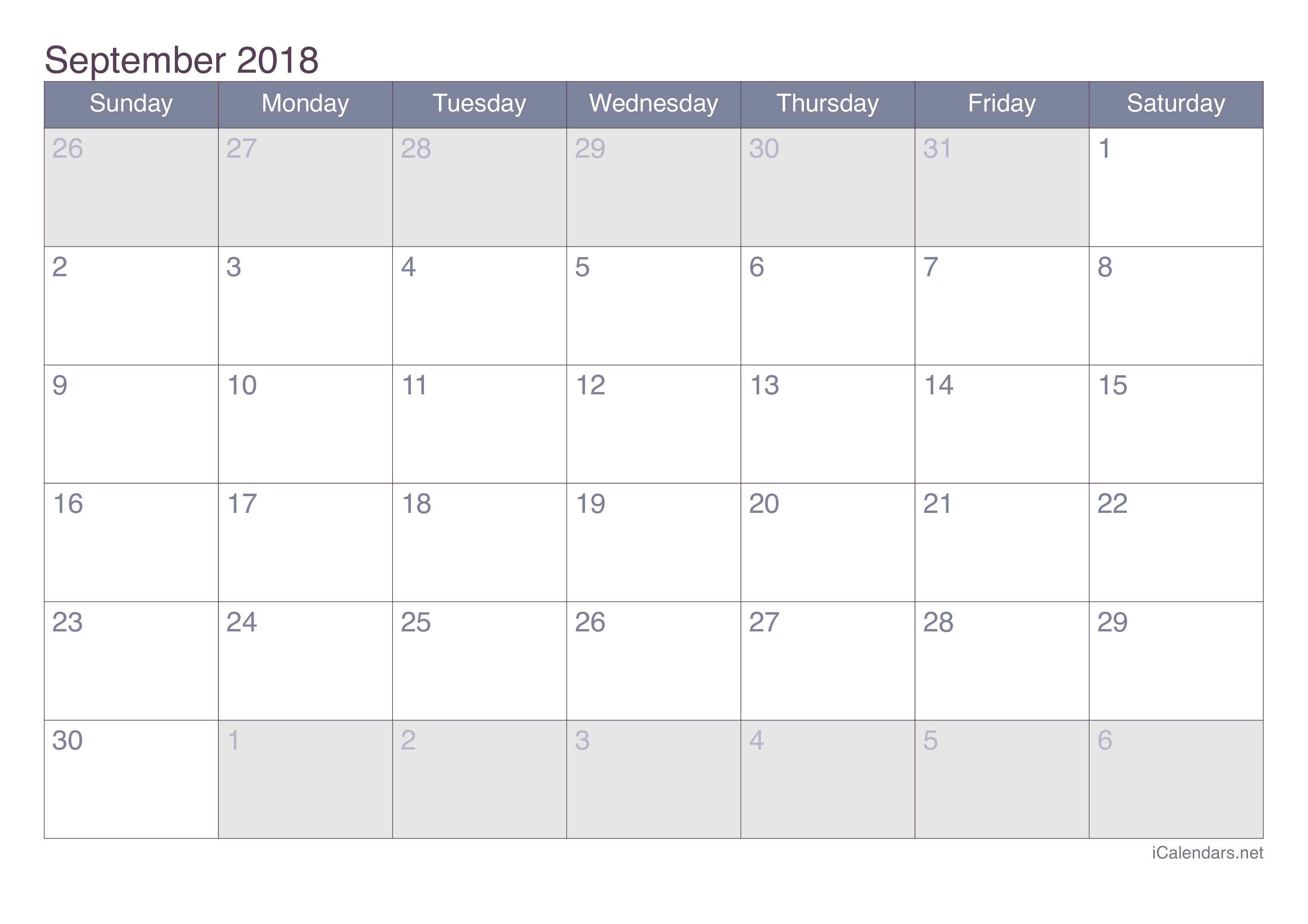September 2018 Printable Calendar icalendars net