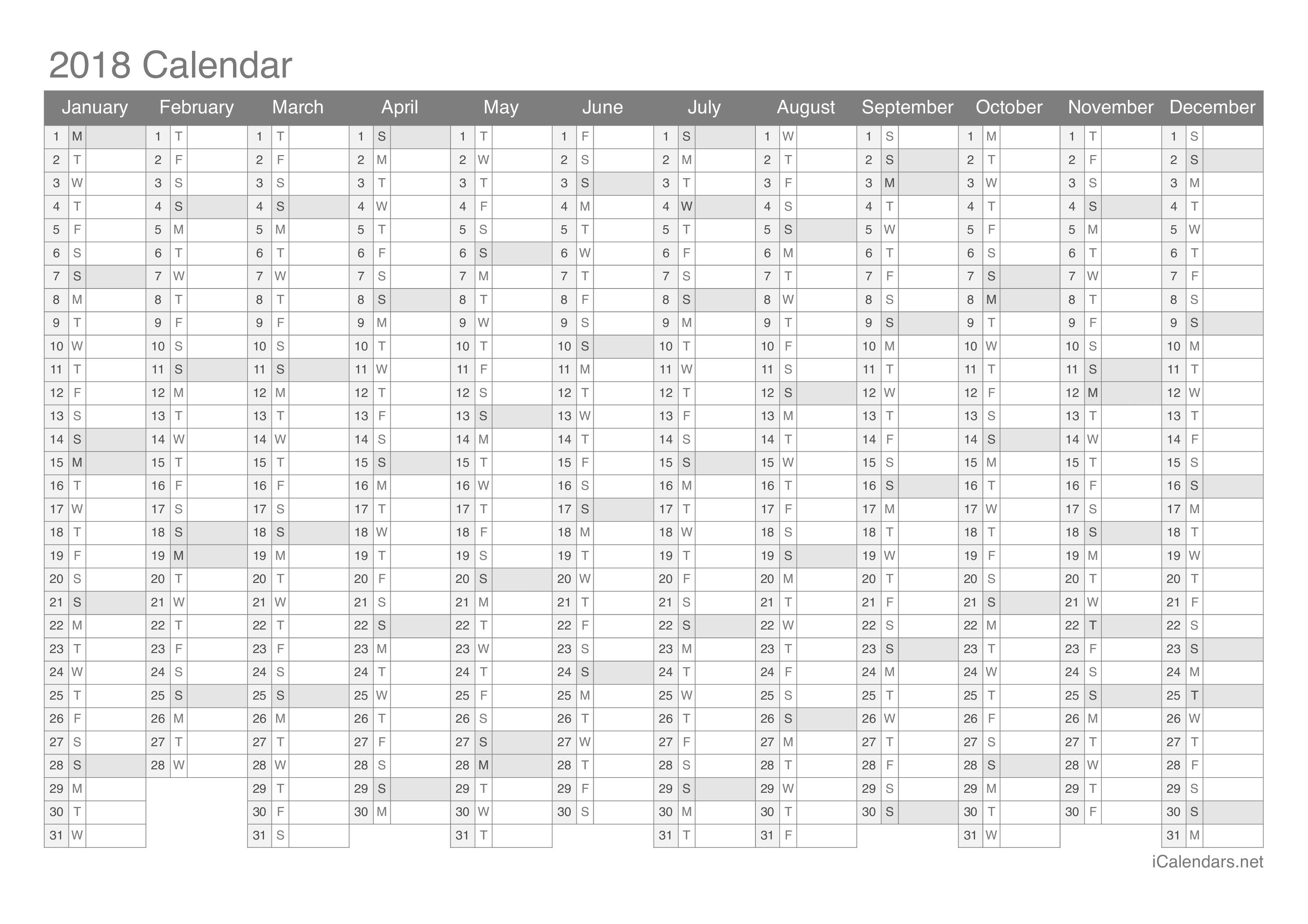 2018 Printable Calendar PDF or Excel icalendars net