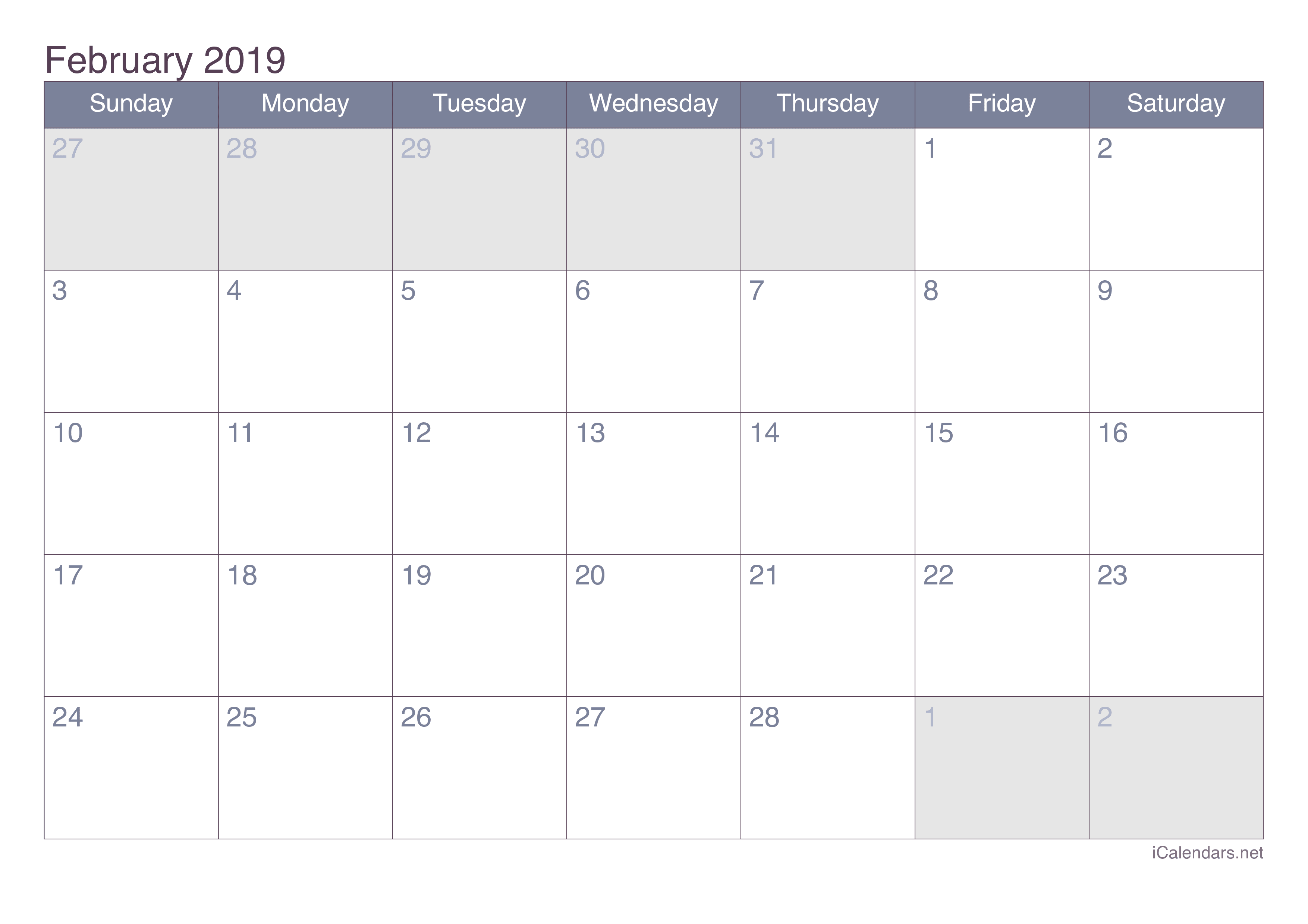 2019 February Calendar Pdf
