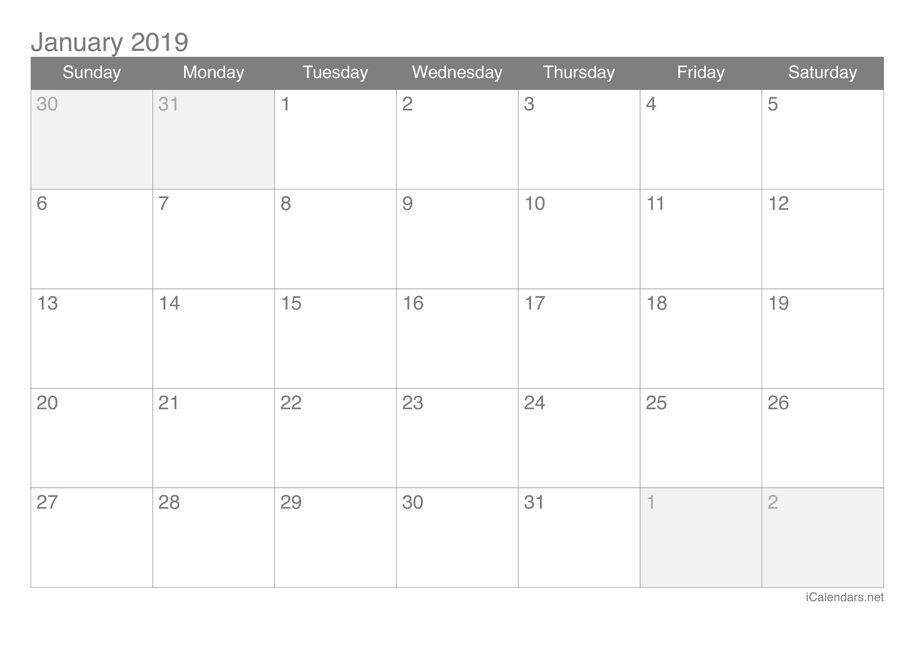 January 2019 Printable Calendar icalendars net