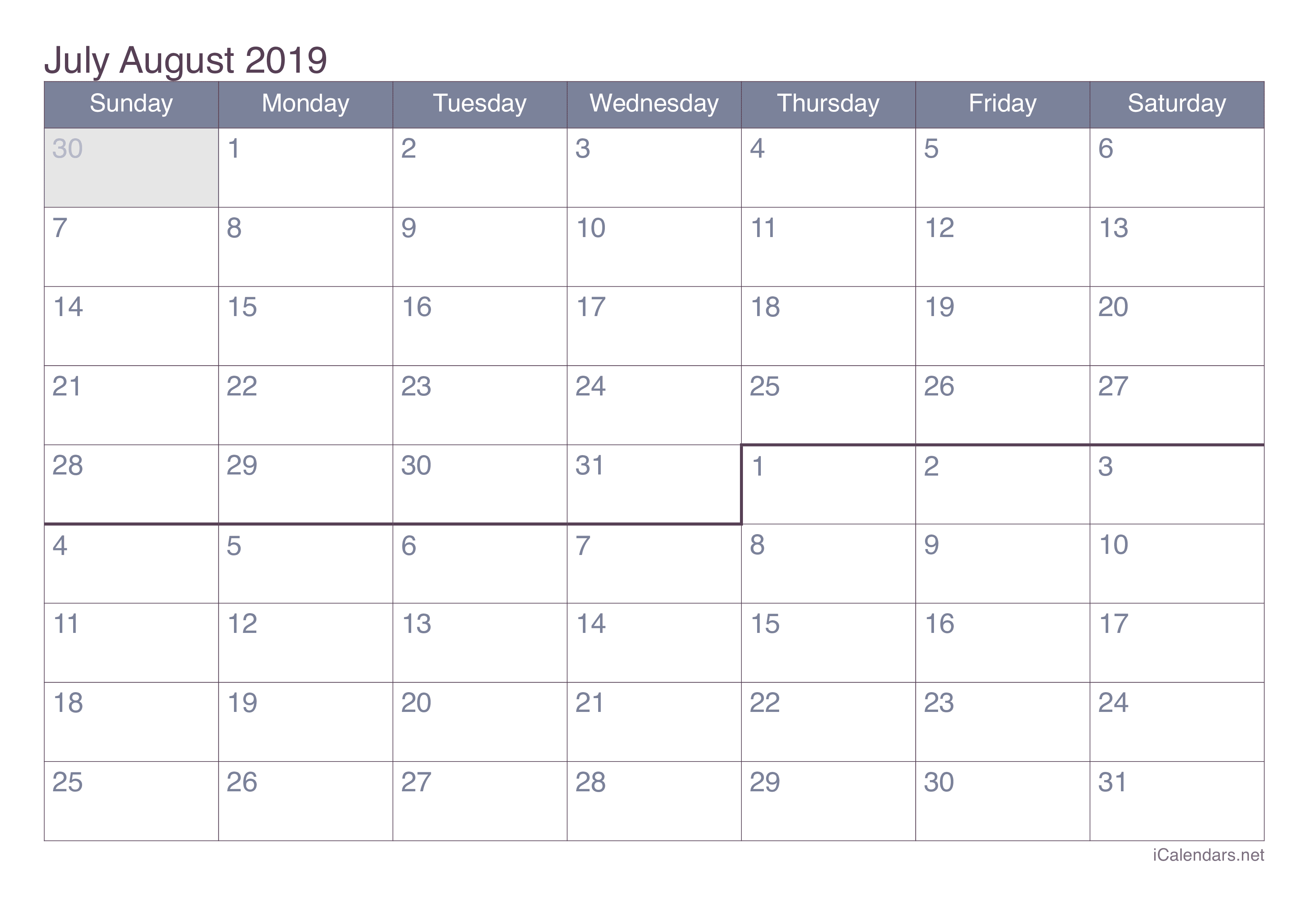 July And August 2019 Printable Calendar Icalendars