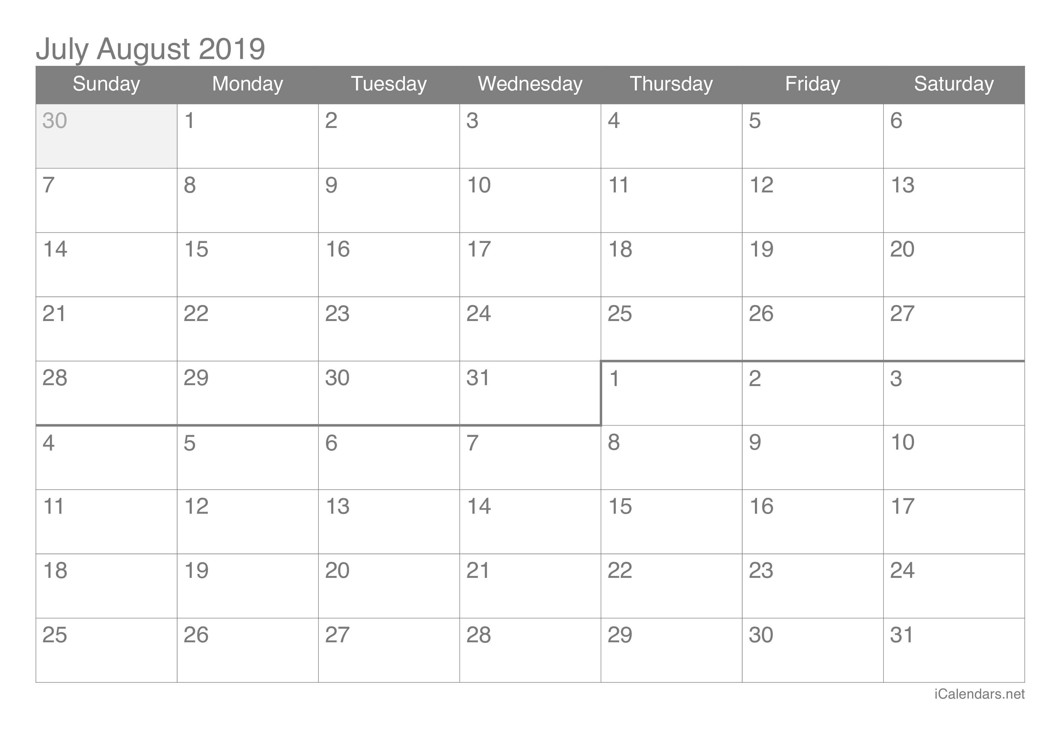 July And August 2019 Printable Calendar Icalendars