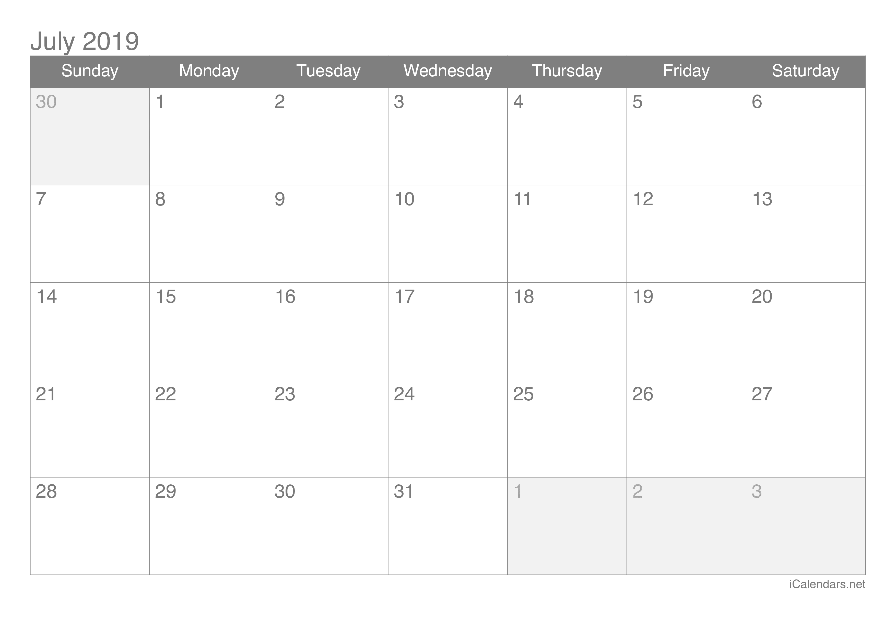 July 2019 Printable Calendar icalendars net