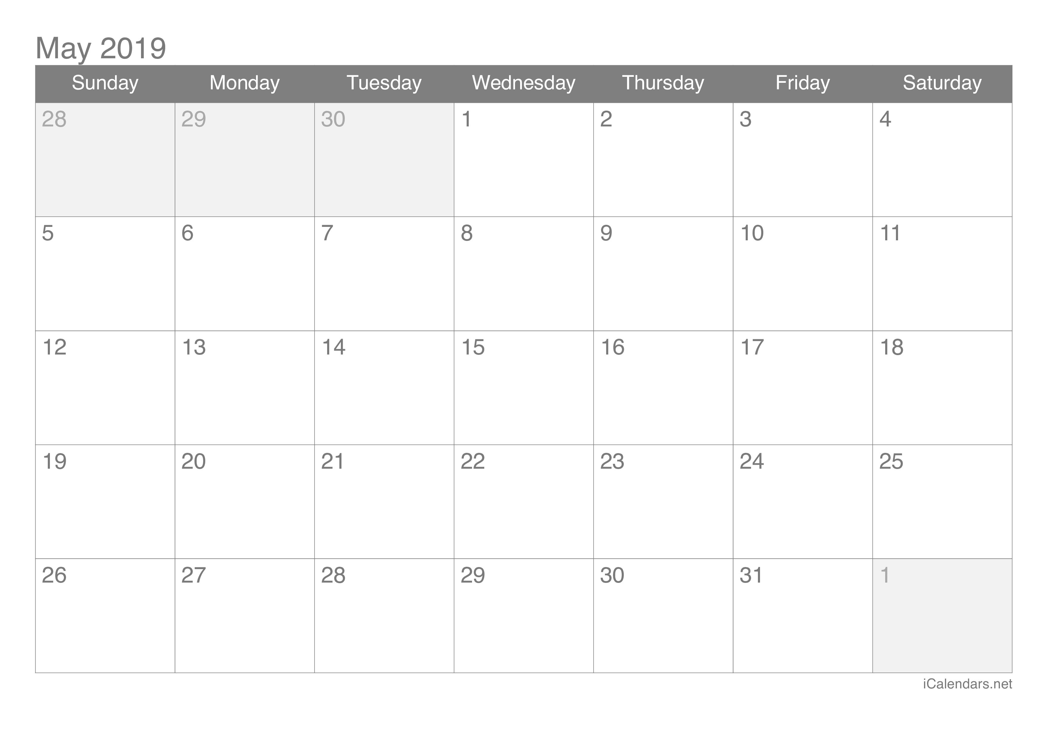 May 2019 Printable Calendar icalendars net