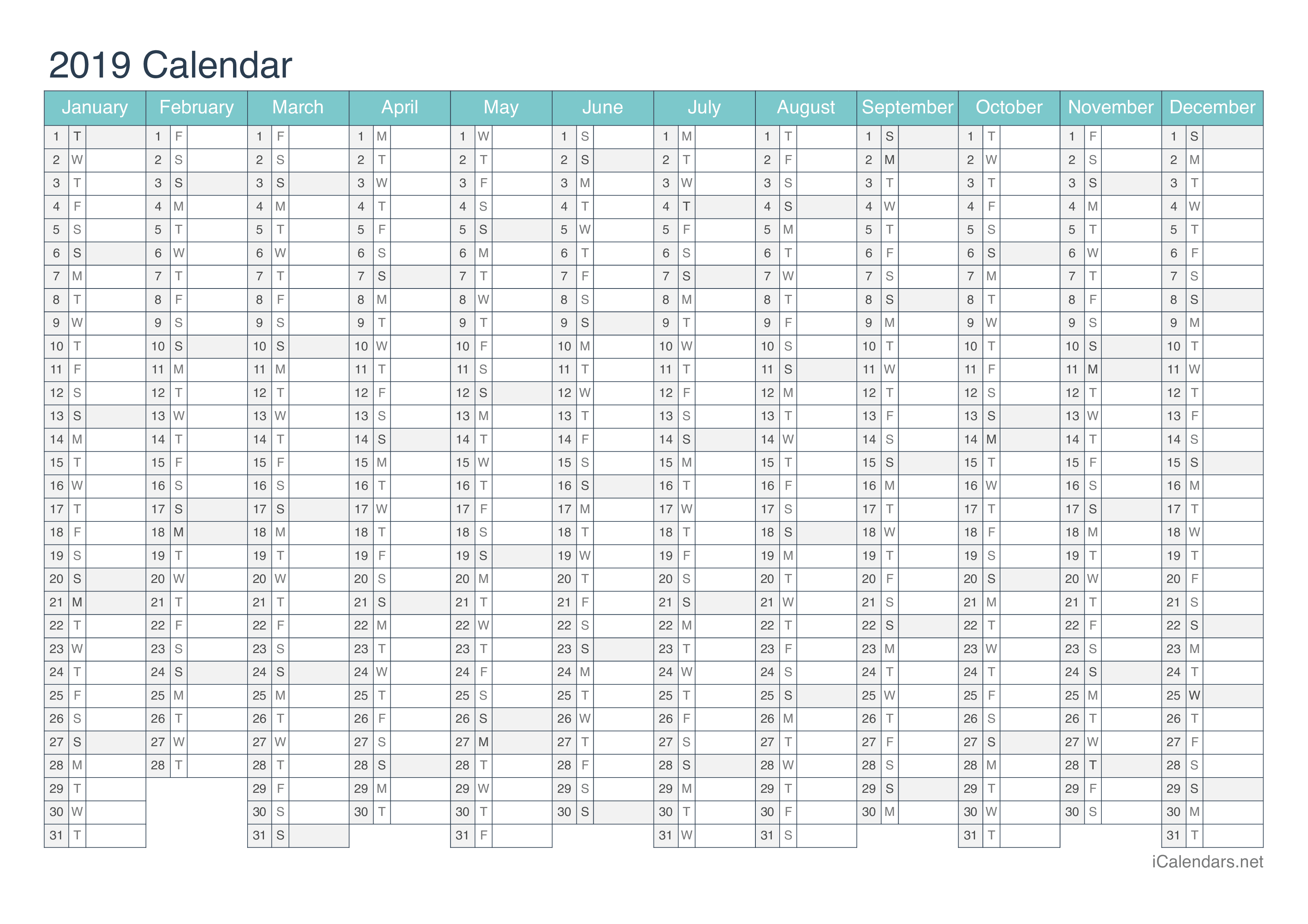 2019 Printable Calendar PDF or Excel icalendars net