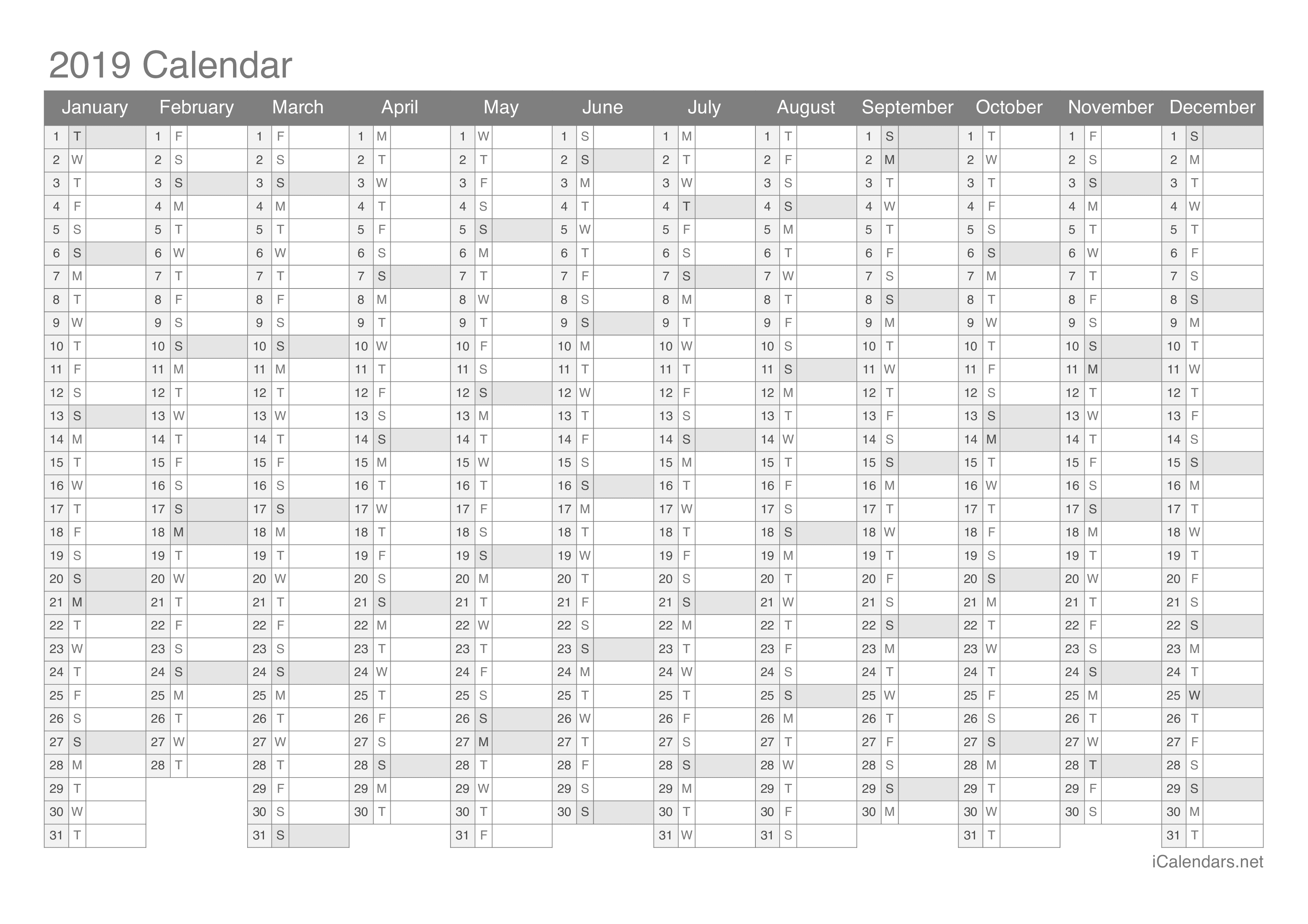 2019 Printable Calendar PDF or Excel icalendars net