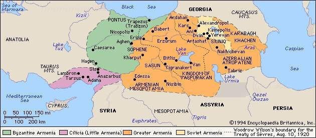 Historical map of Armenia showing the different stages in the country's territorial evolution.